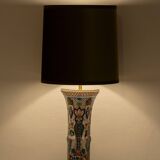 Pair of Dutch Delft Makkum ceramic table lamps with new olive green velvet shades.
