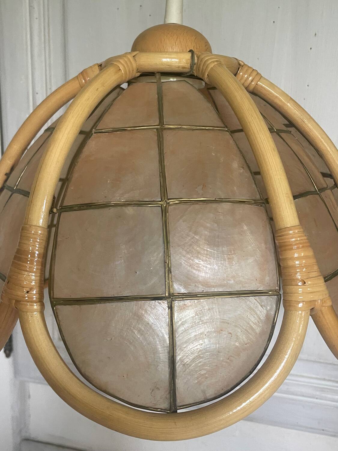 Vintage mother-of-pearl and rattan pendant light