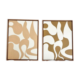 Beige brown organic diptych paintings, cream.