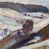 Mid-century modern "mountain views" vintage winter landscape oil painting, framed