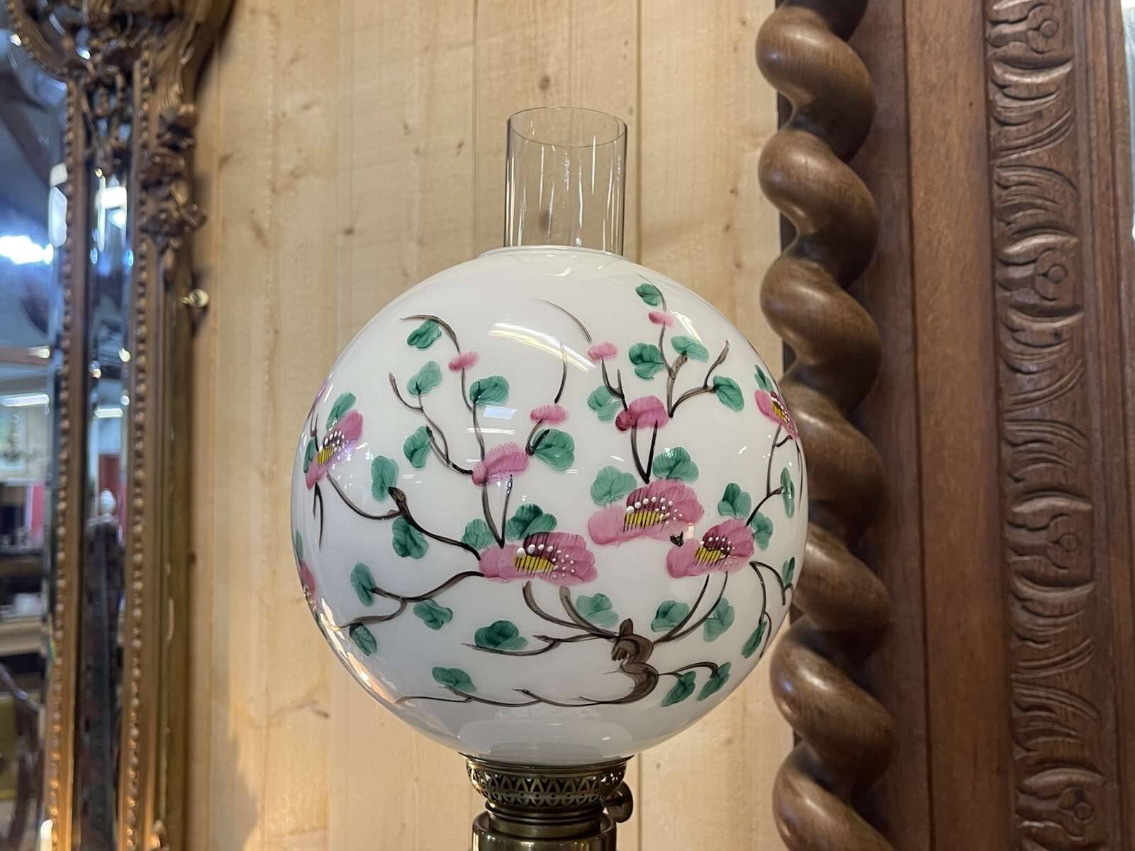 Napoleon III lamp in white opaline and painted with floral decoration - late 19th century