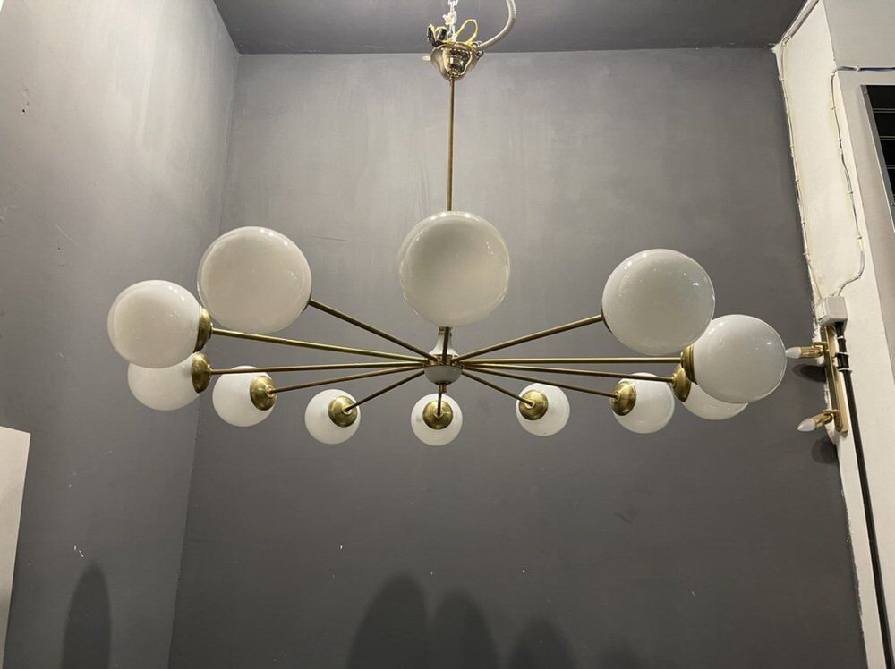 Opaline glass & brass sputnik chandelier with 12 lights, 1970s