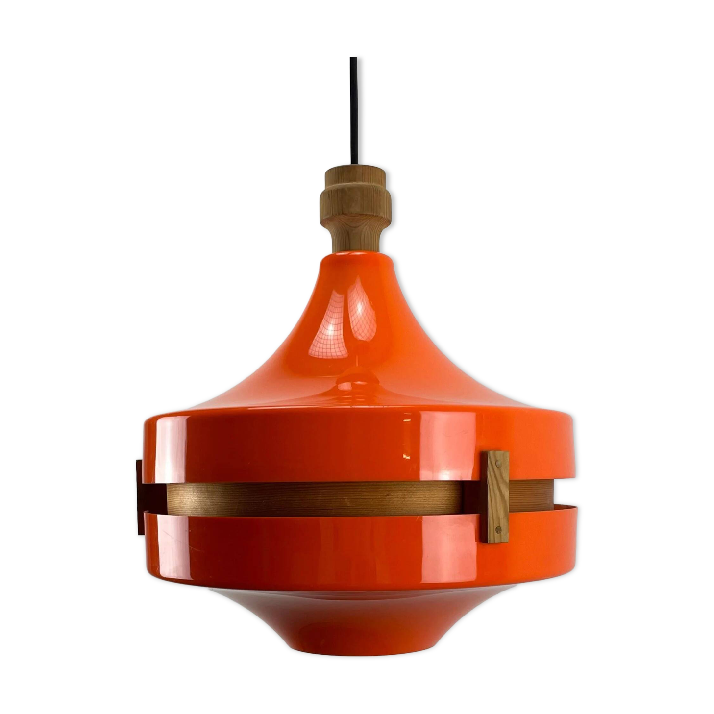 1970s orange Scandinavian suspension light in plexiglass shaped like a UFO.