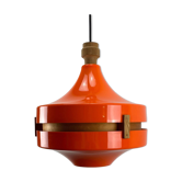 1970s orange Scandinavian suspension light in plexiglass shaped like a UFO.