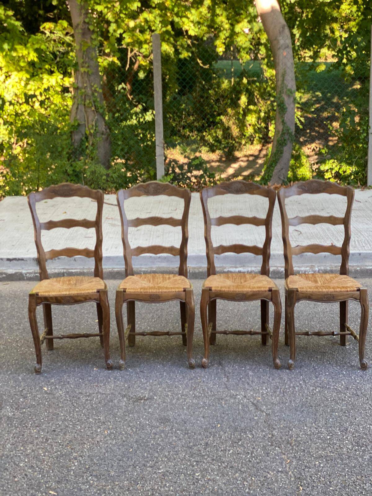 Set of 4 Vintage BAUMANN Chairs in Solid Wood with Rush Seating, Louis XV Style