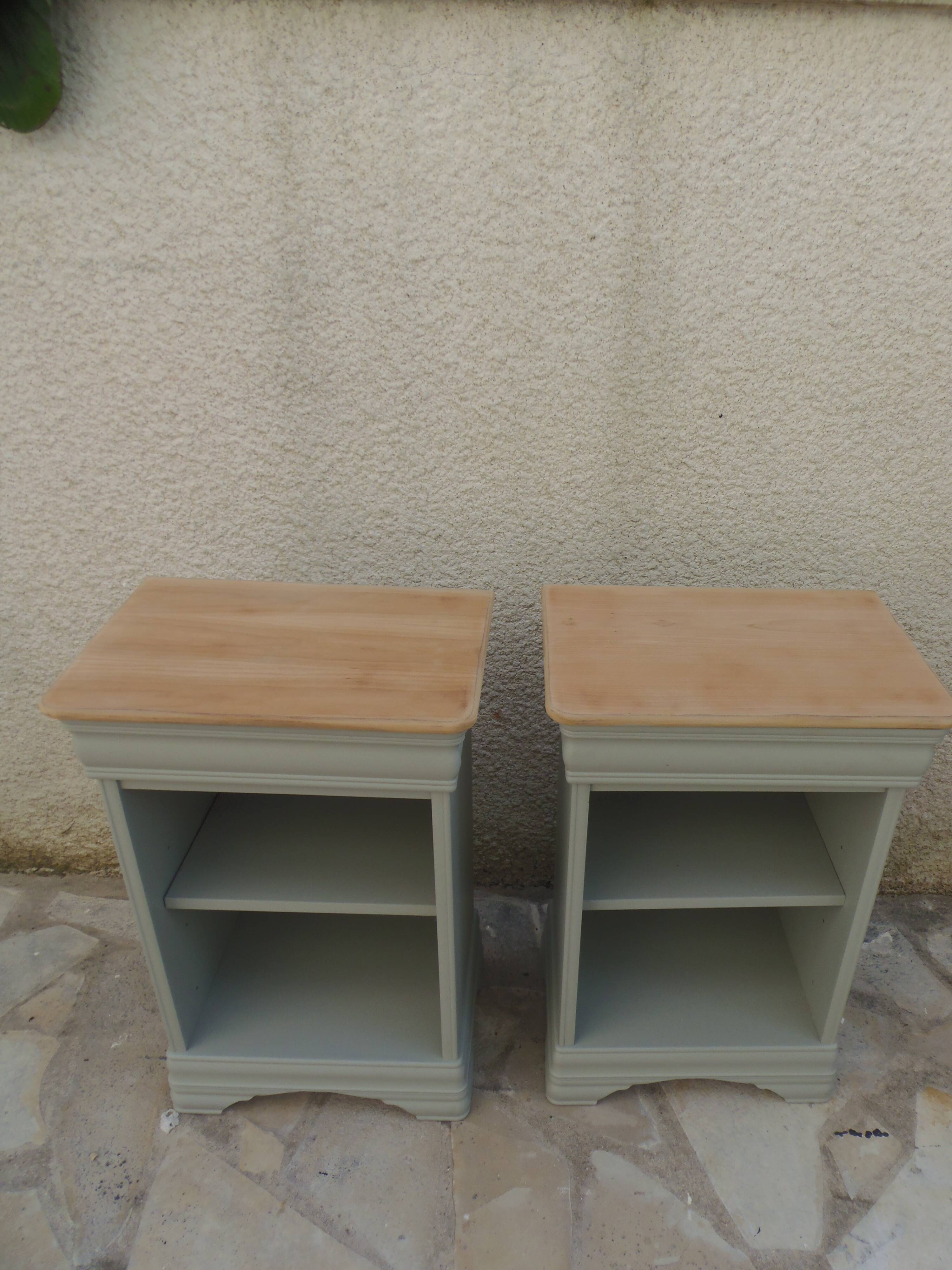 2 Louis Philippe style bedside tables reimagined in grey-green, wooden top.