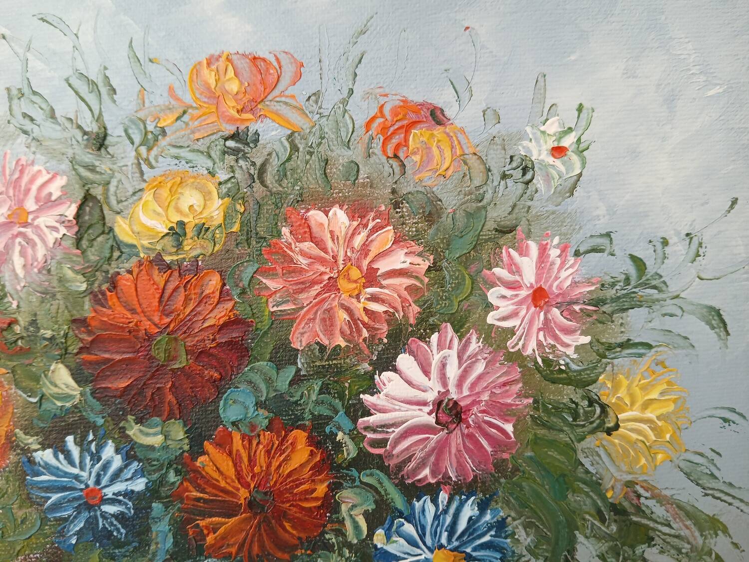 Small painting, bouquet of flowers, blue background