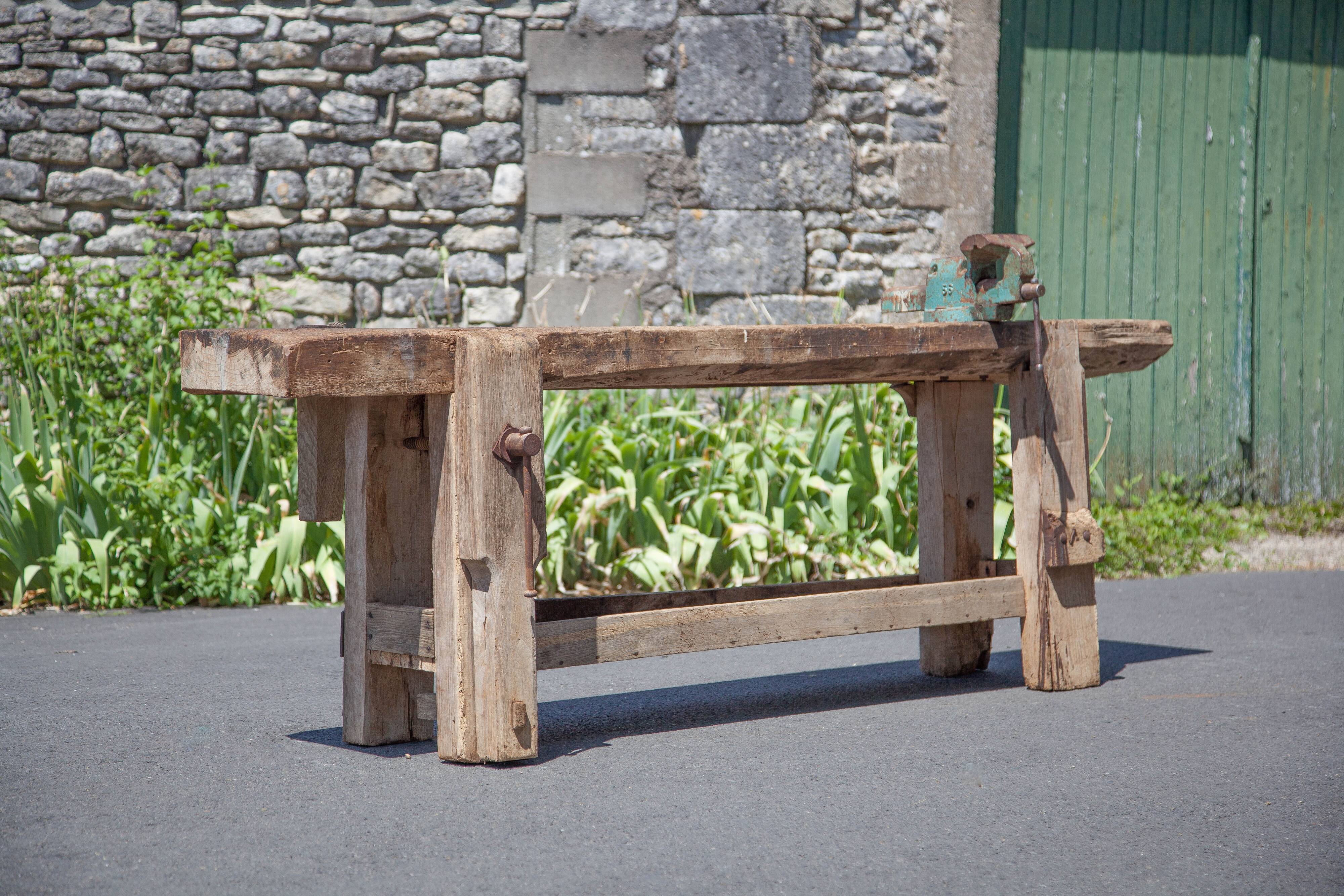 Large carpenter's workbench, old workbench, wooden workbench, industrial decoration