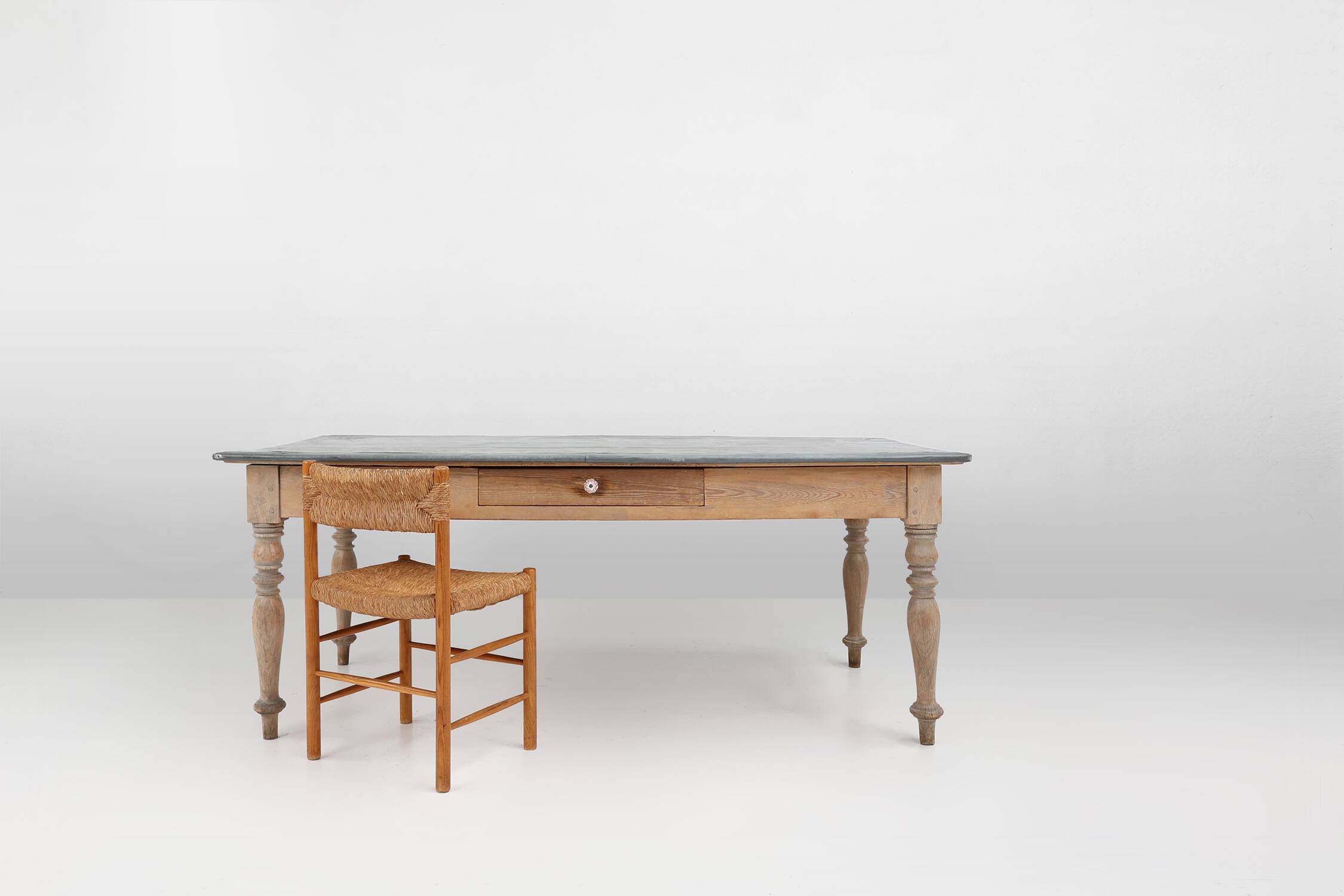 Rustic French pine wood dinner table with zinc top, ca. 1850