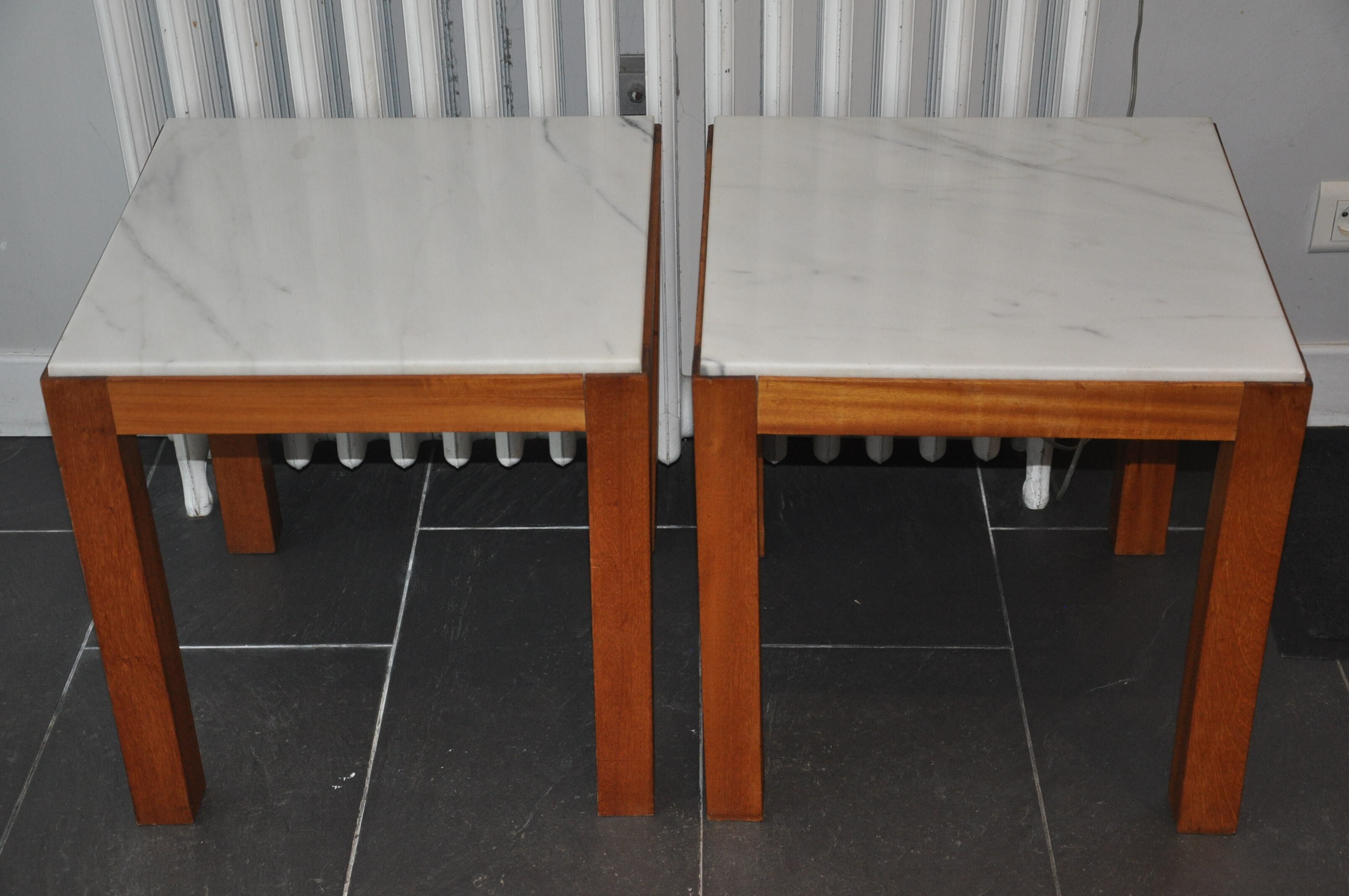 Pair of wooden and marble side tables