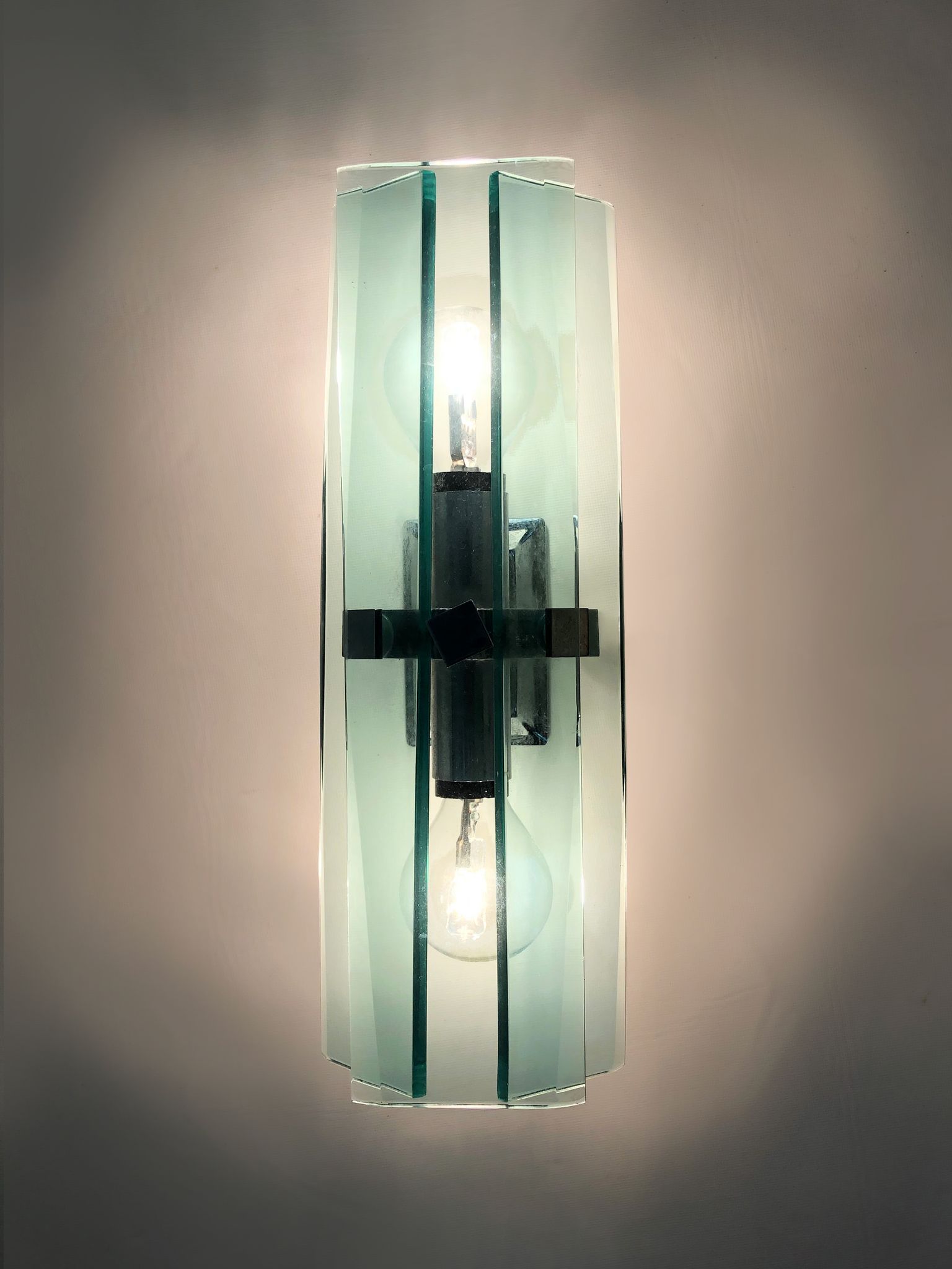 Stainless steel wall lamp and bluish glass, 2 lights, Veca 1960