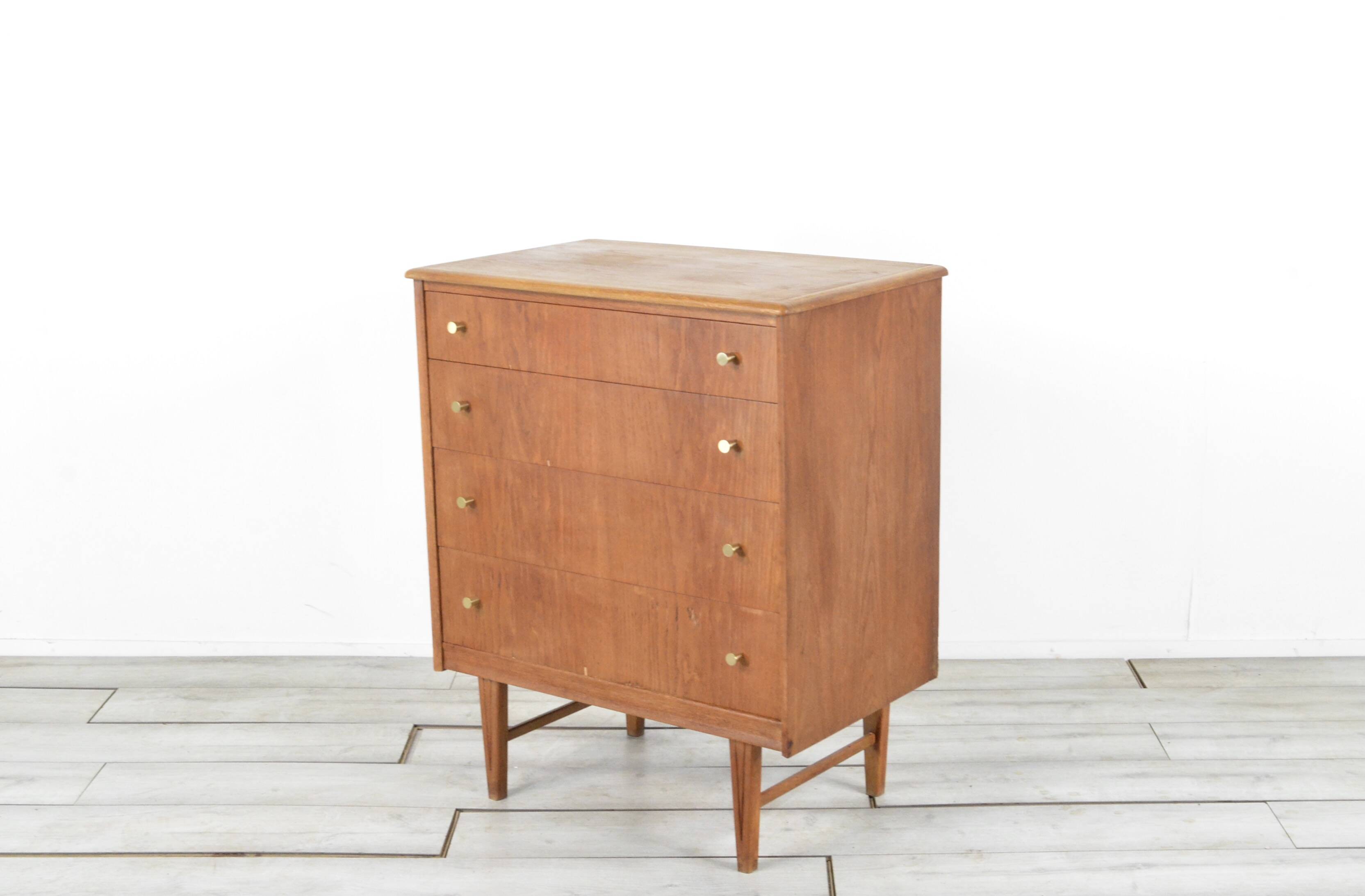 Midcentury Teak And Brass Chest Of Drawers Tallboy. Vintage Modern Retro