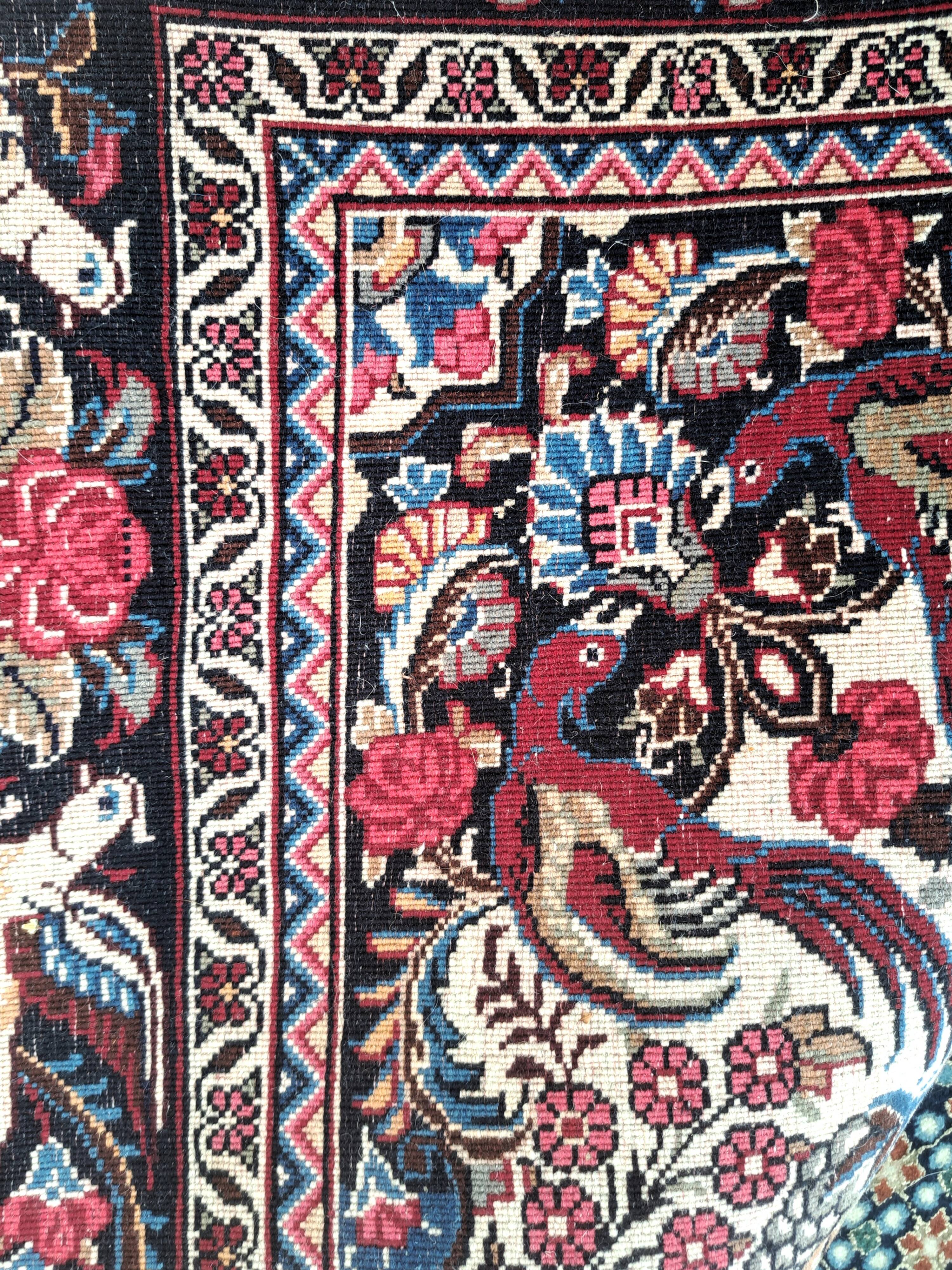Bijar carpet, red and blue, bird patterns 120x158cm, Iran