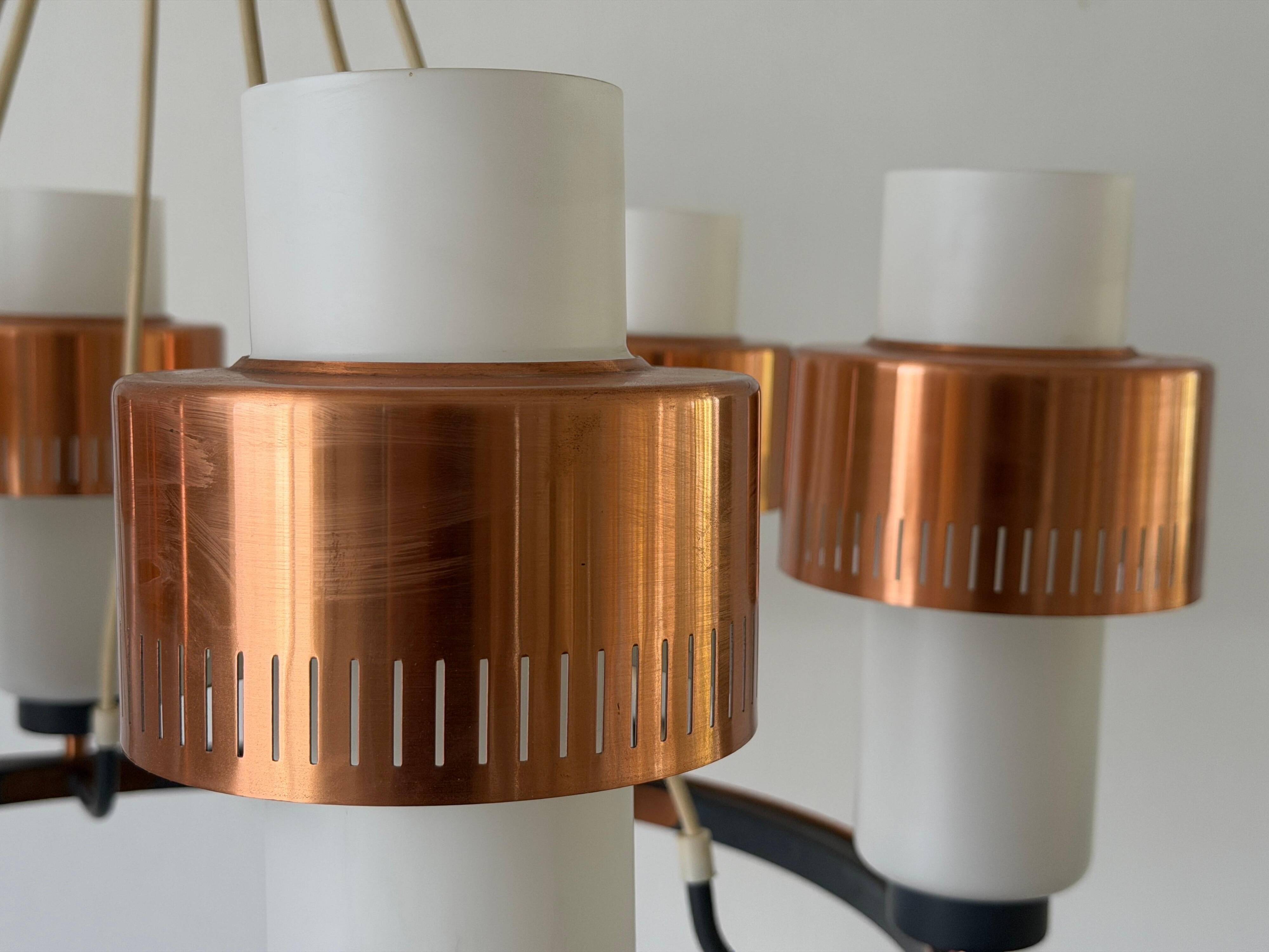 Large ceiling light with 6 arms in copper metal and glass, 1960s, Germany