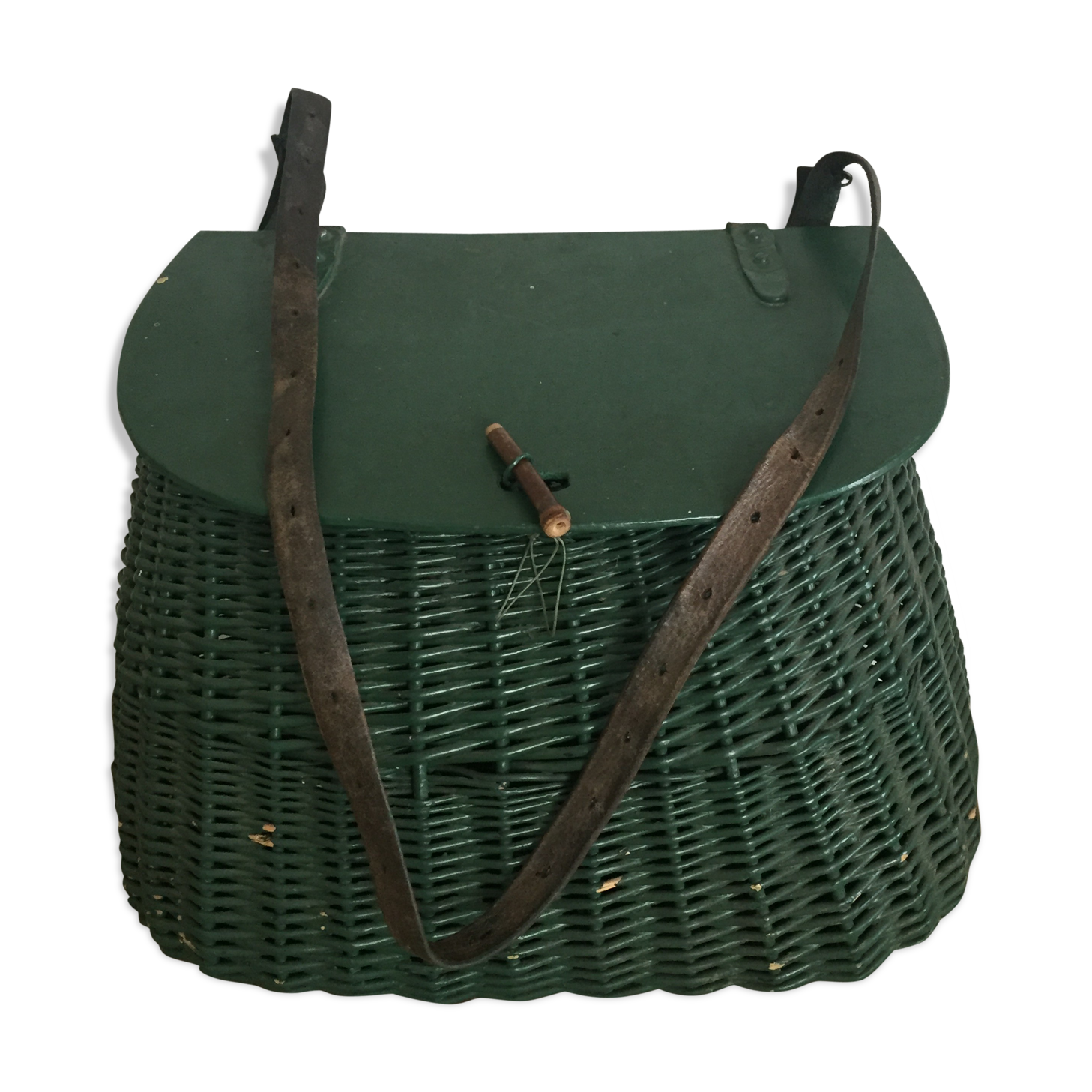 Ancien panier de pêche avec lanière en cuir