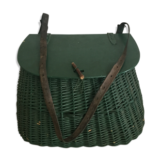 Ancien panier de pêche avec lanière en cuir