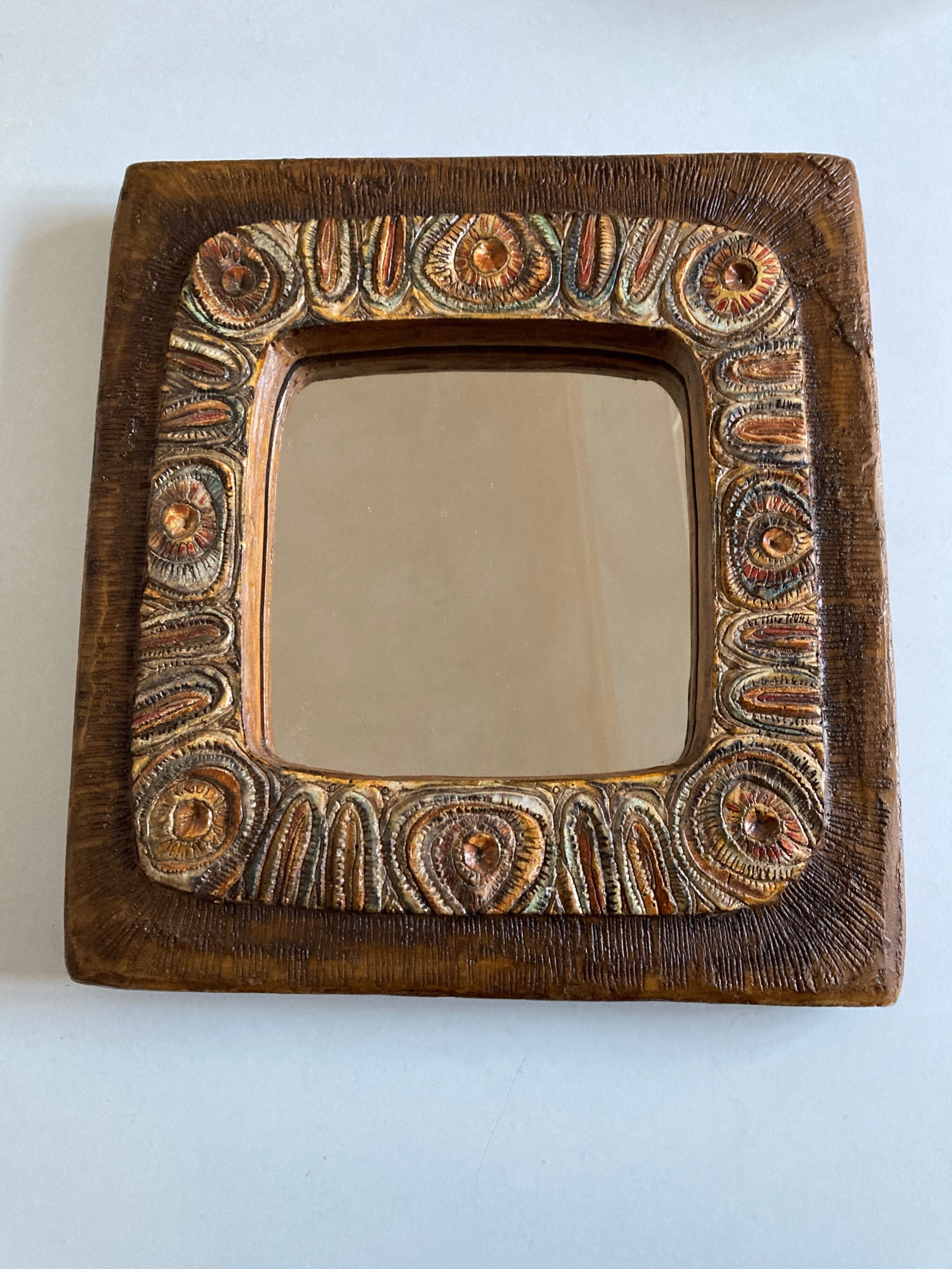 Arts & crafts 1970 mirror in incised resin