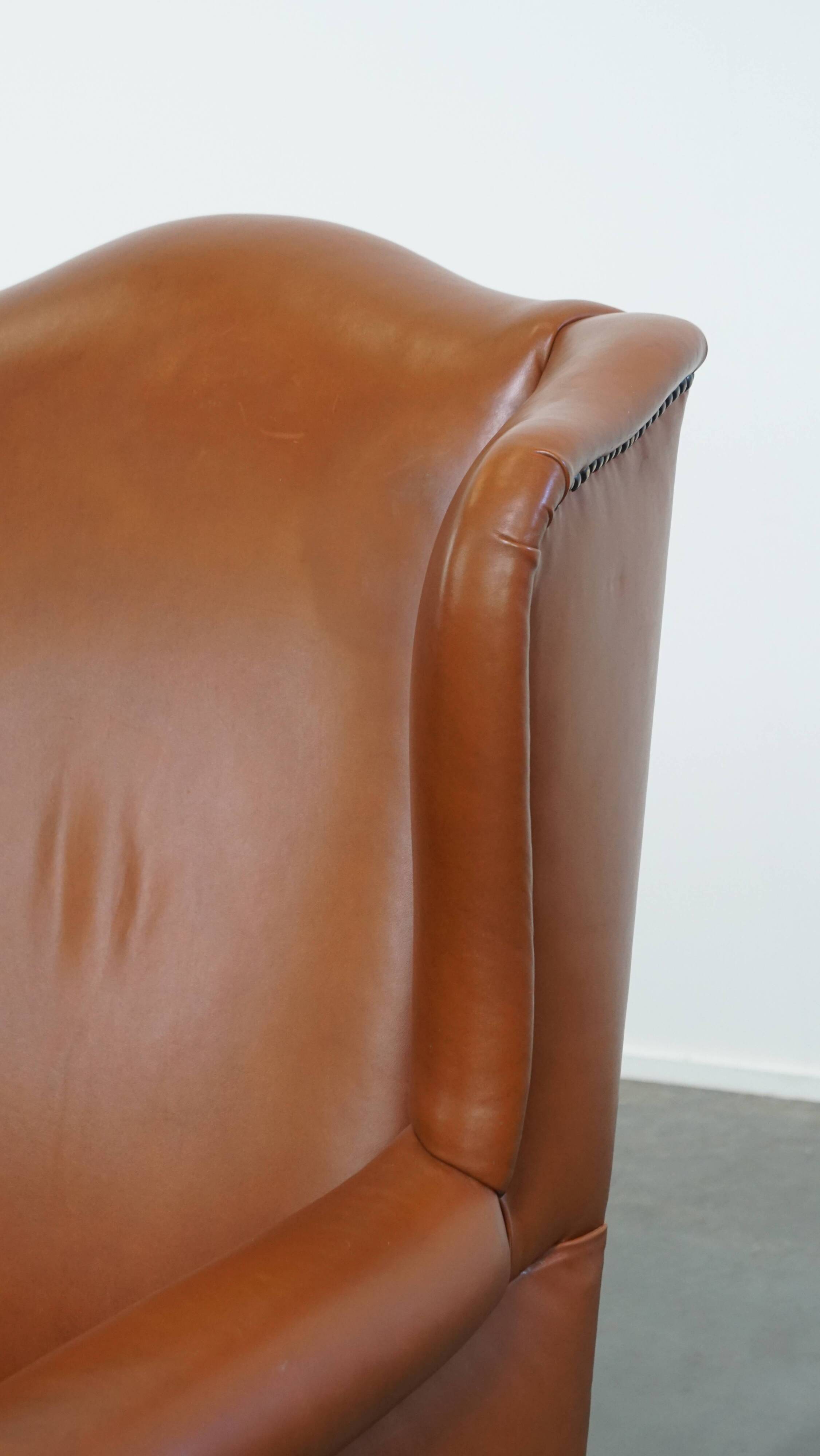 Cognac-Colored Cowhide Leather Wingback Chair in English Style