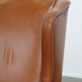 Cognac-Colored Cowhide Leather Wingback Chair in English Style