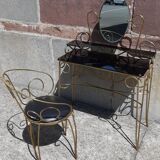 Dressing table and chair in gilded metal and opaline glass.
