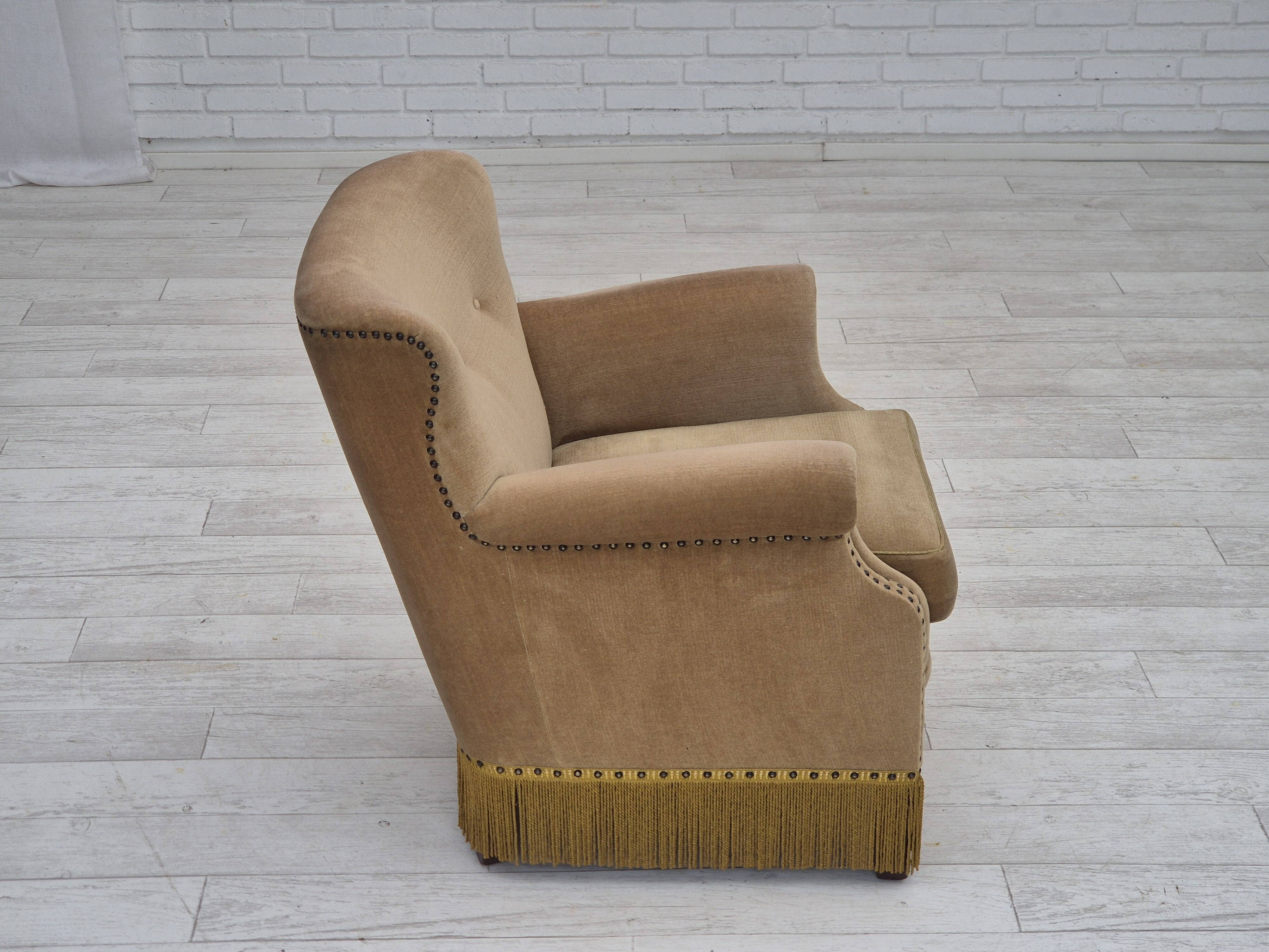 1960s, Danish lounge chair, green furniture velour, original condition.