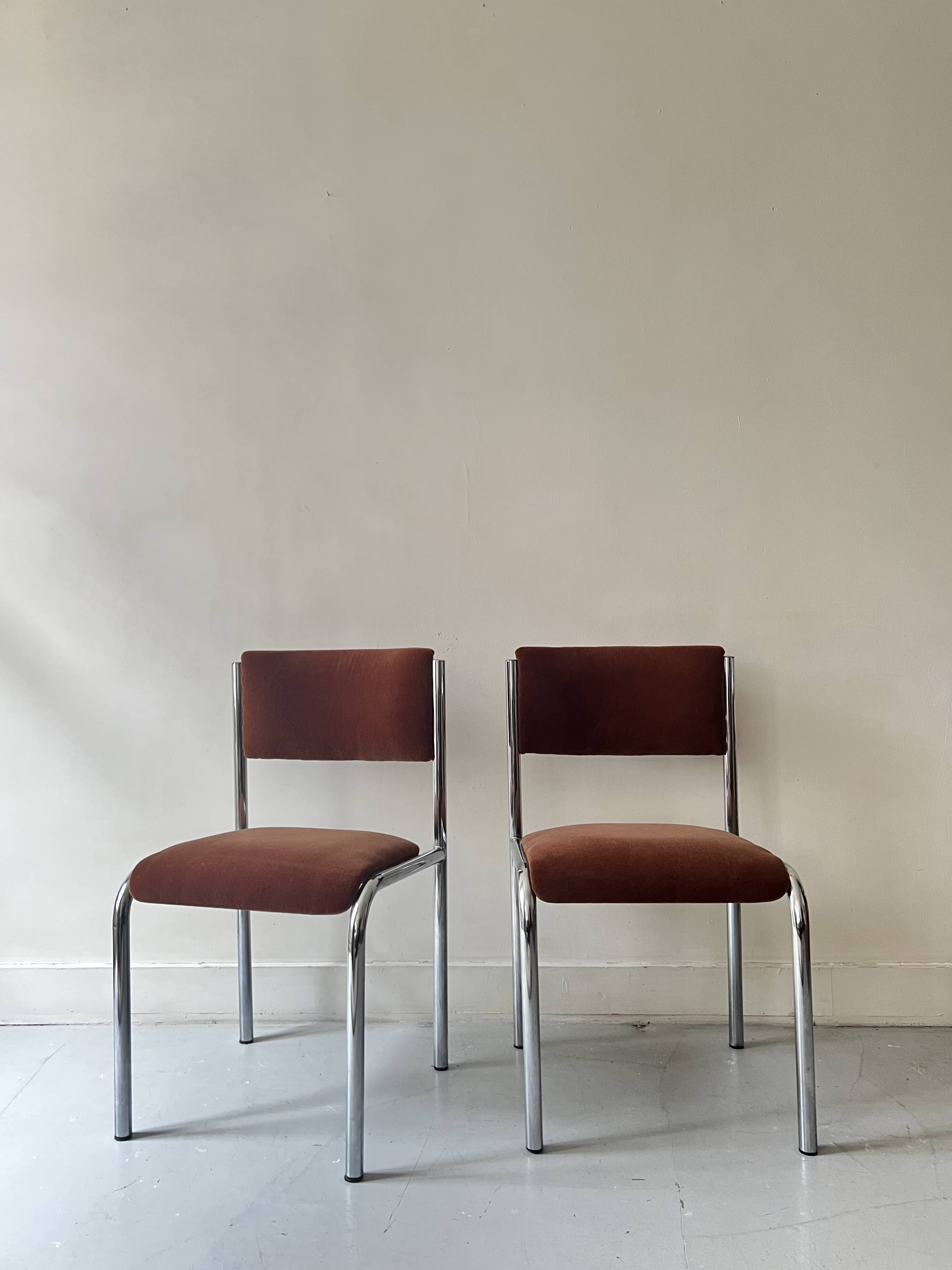Pair of chrome and chestnut brown velvet chairs, 1970s design