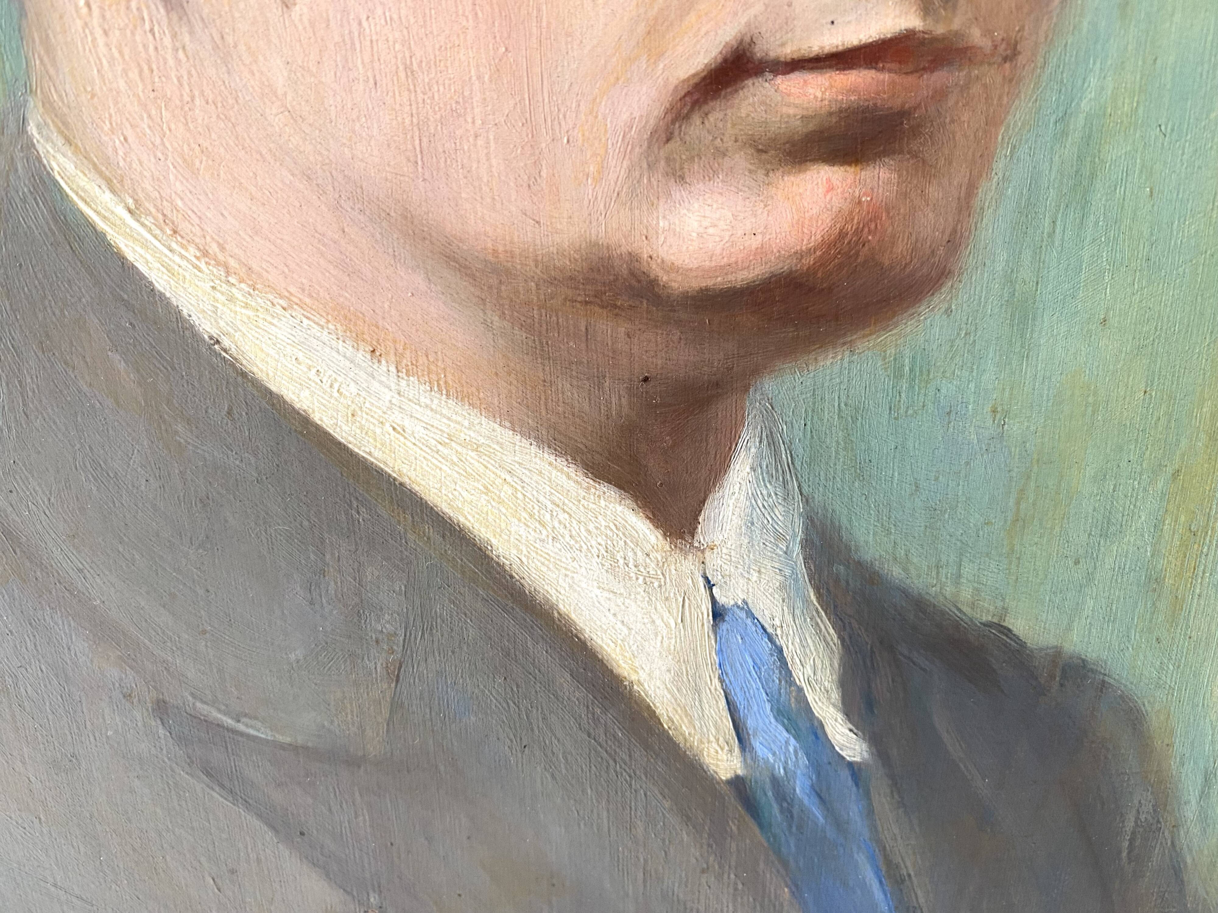 Old portrait in oil on panel 1920, vintage painting of a man signed Cagnet