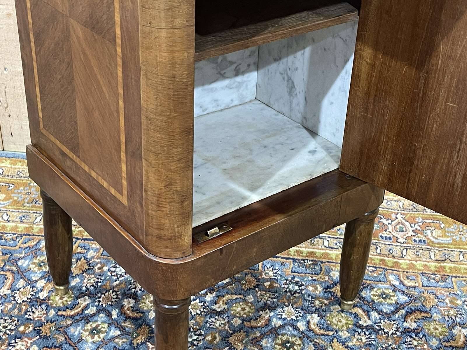 Bedside table in marquetry and white marble top, early 20th century