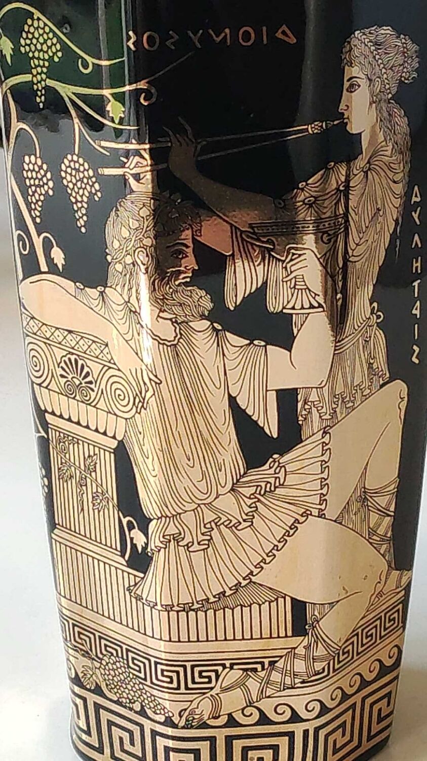 Ancient Greek octagonal vase, tubular porcelain shape. Decoration scenes of life / Gods mythology Greek. Signed ST Handmade in Greece. High 26 cm