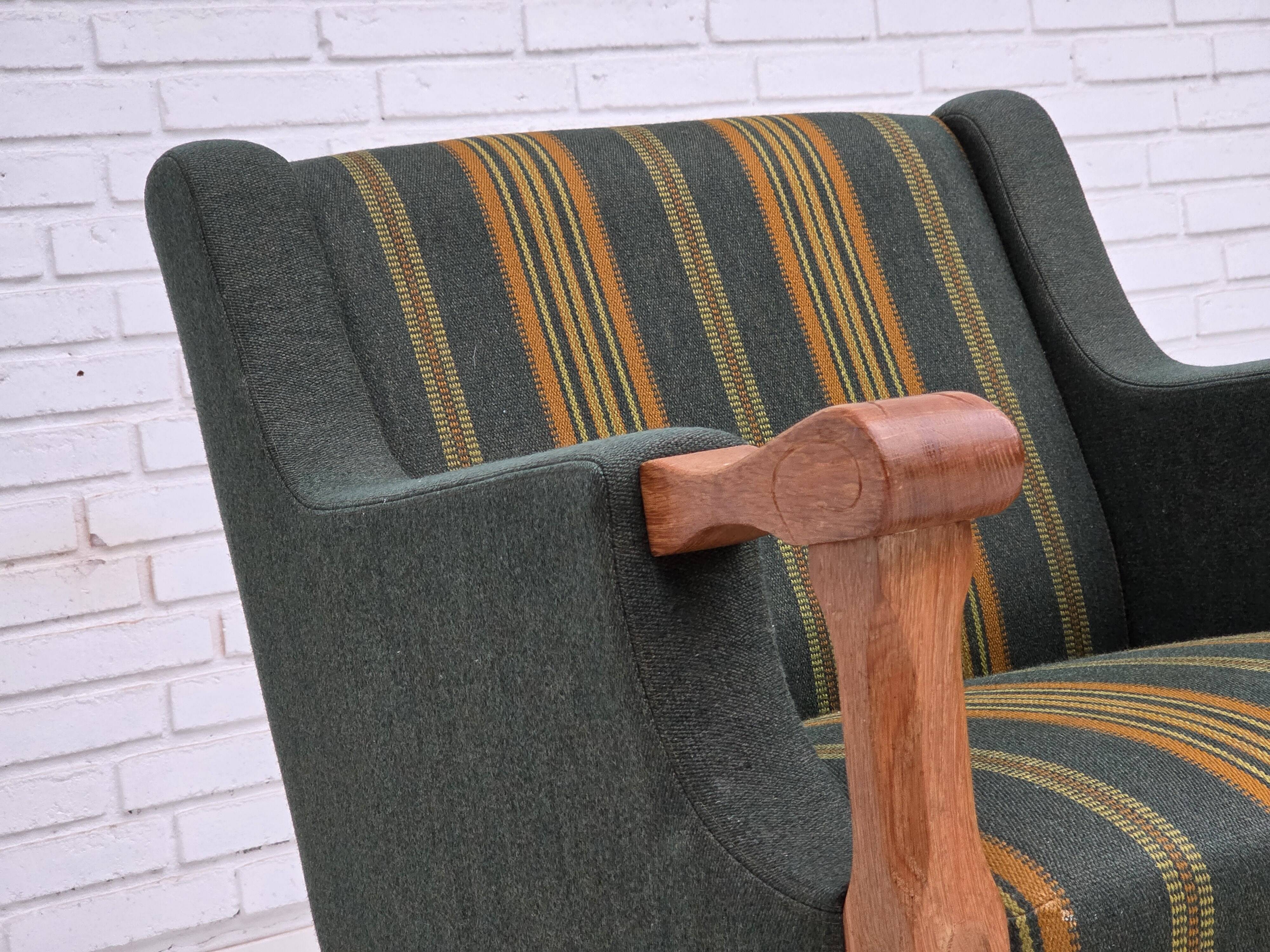 1970s, Danish armchair, green furniture wool, solid oak wood.