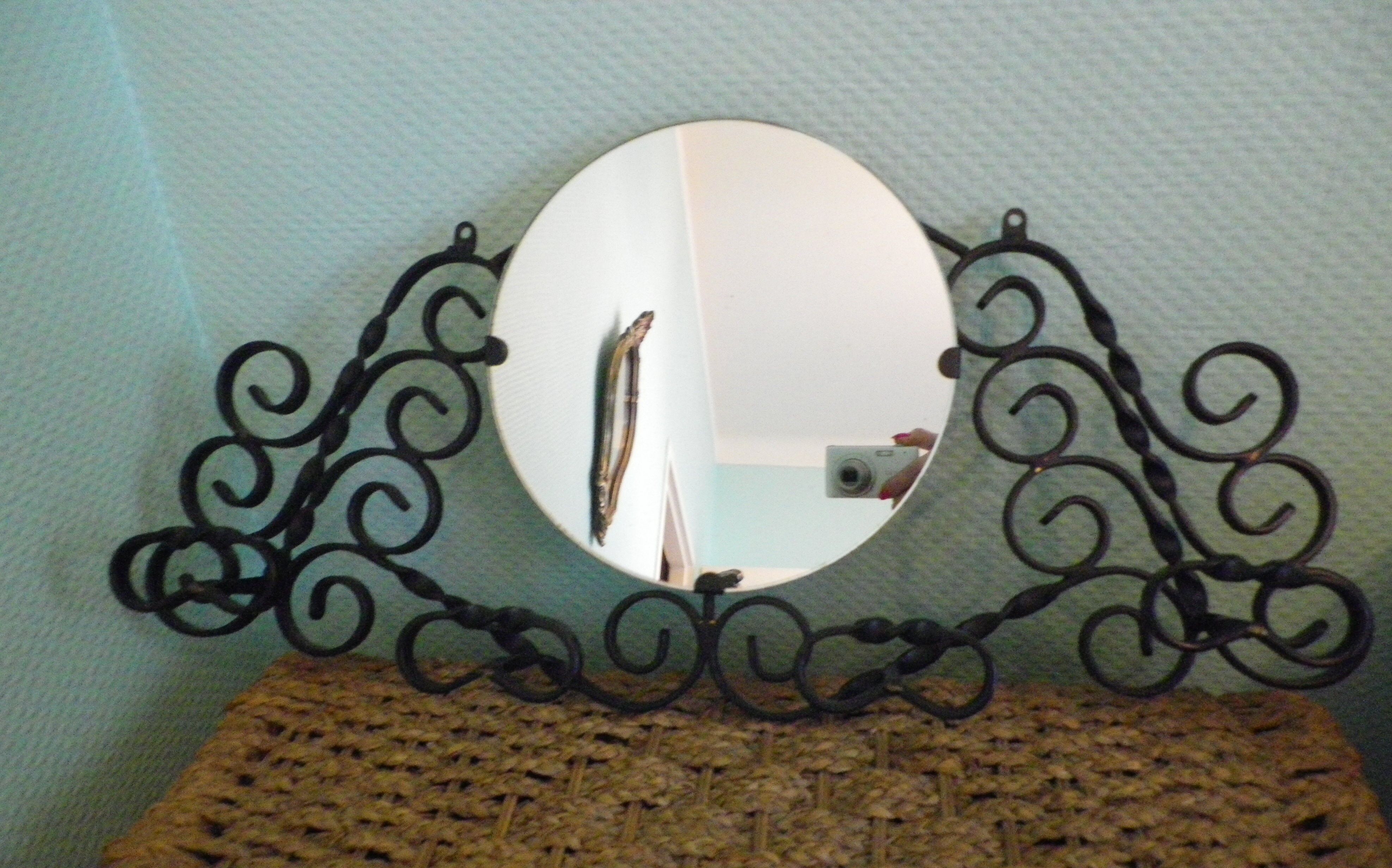 Vintage wall coat rack with mirror, 4 hooks, wrought iron