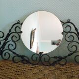 Vintage wall coat rack with mirror, 4 hooks, wrought iron