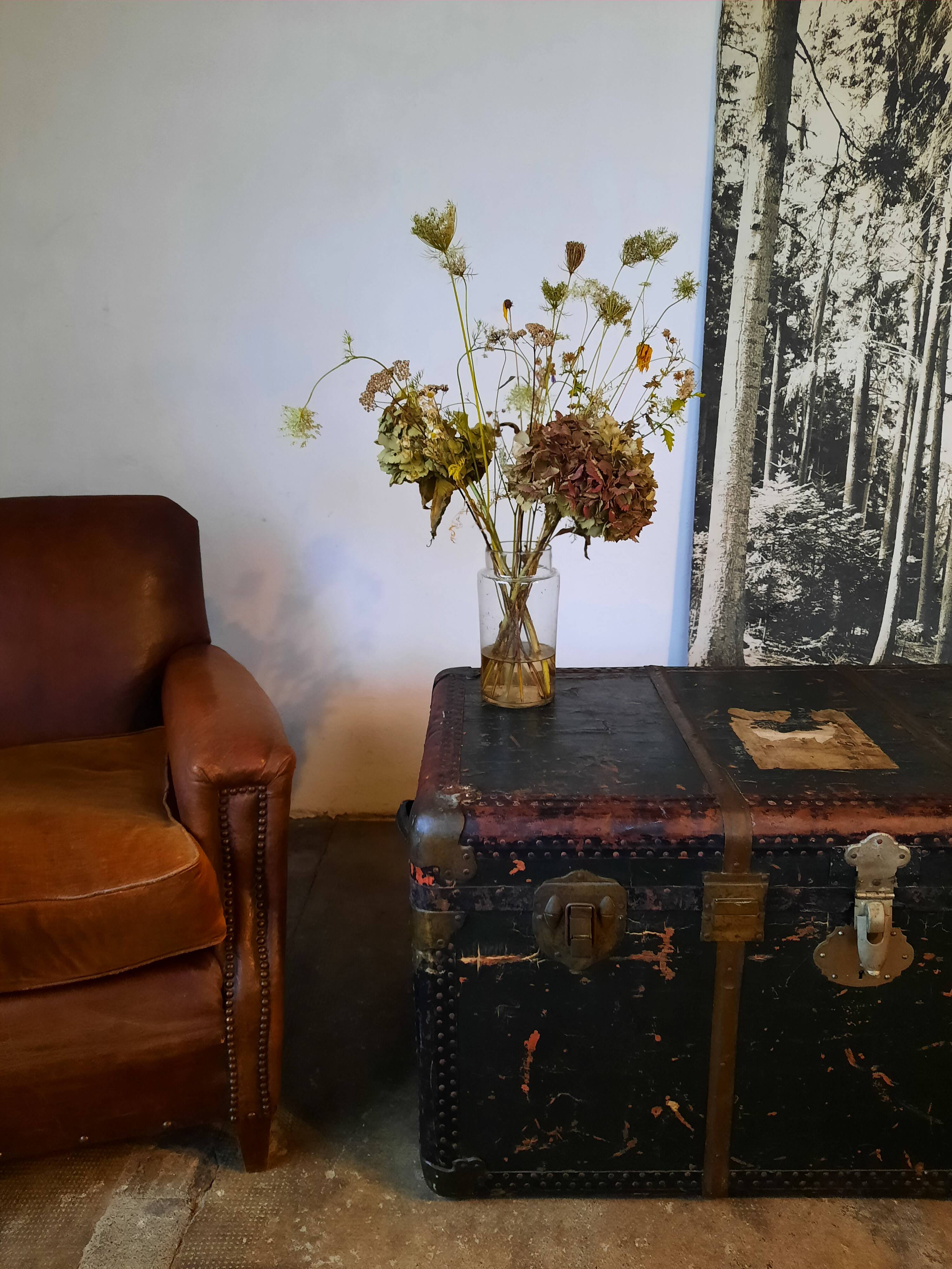 Old and large travel trunk, brass-plated corners