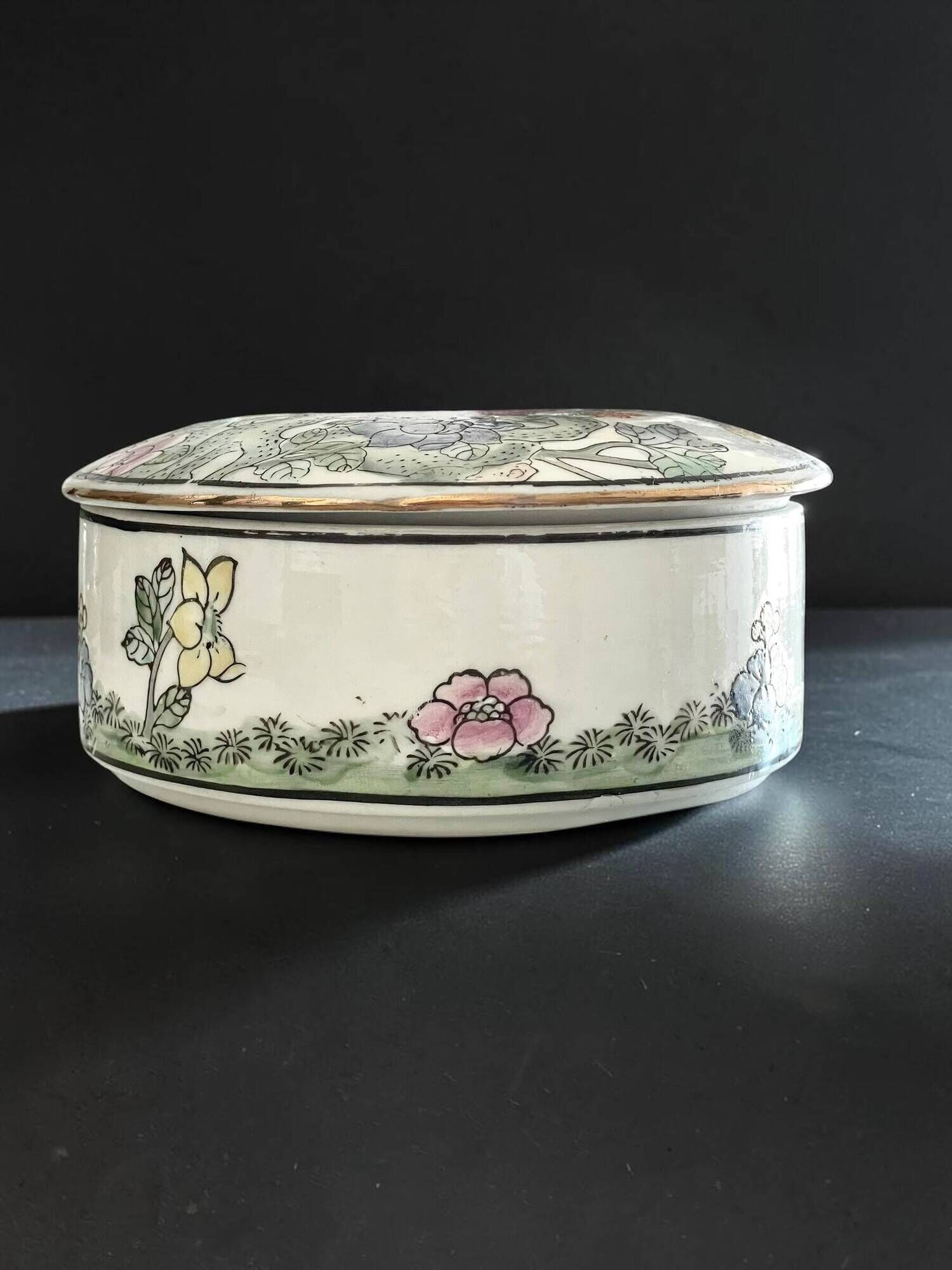 Vintage Chinese Porcelain Trinket Box H.F.P. Macau Famille Rose 1970s