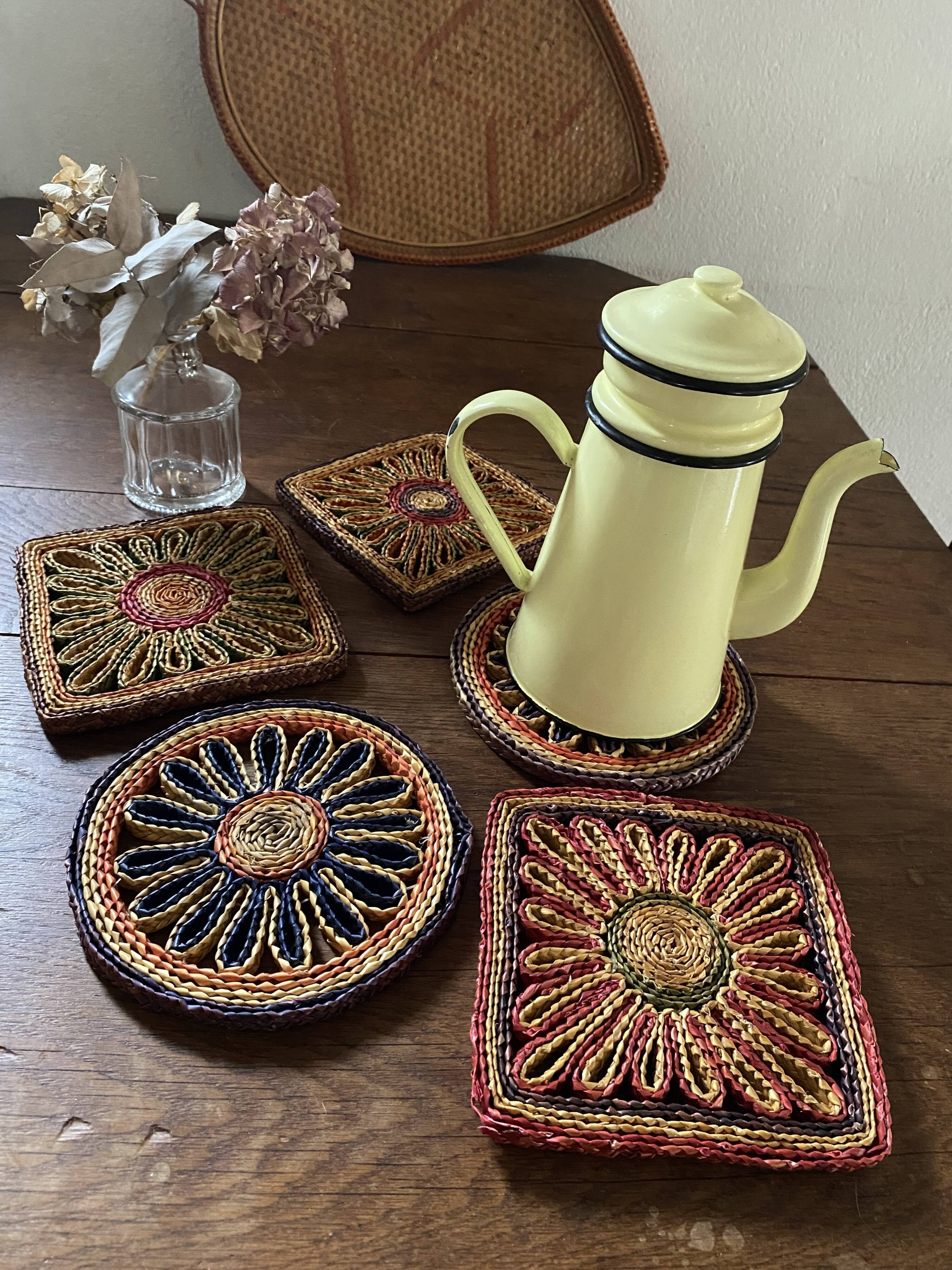 5 braided straw coasters bohemian style