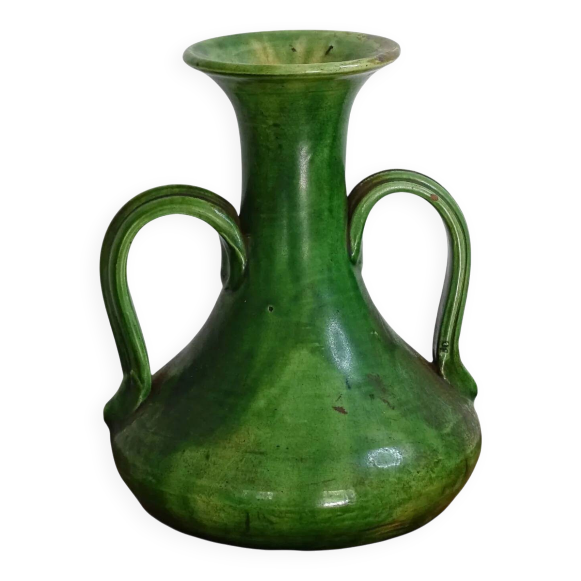 Vase ancien français en faïence de style Art nouveau à glaçure verte