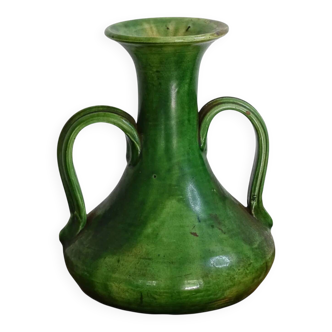 Vase ancien français en faïence de style Art nouveau à glaçure verte