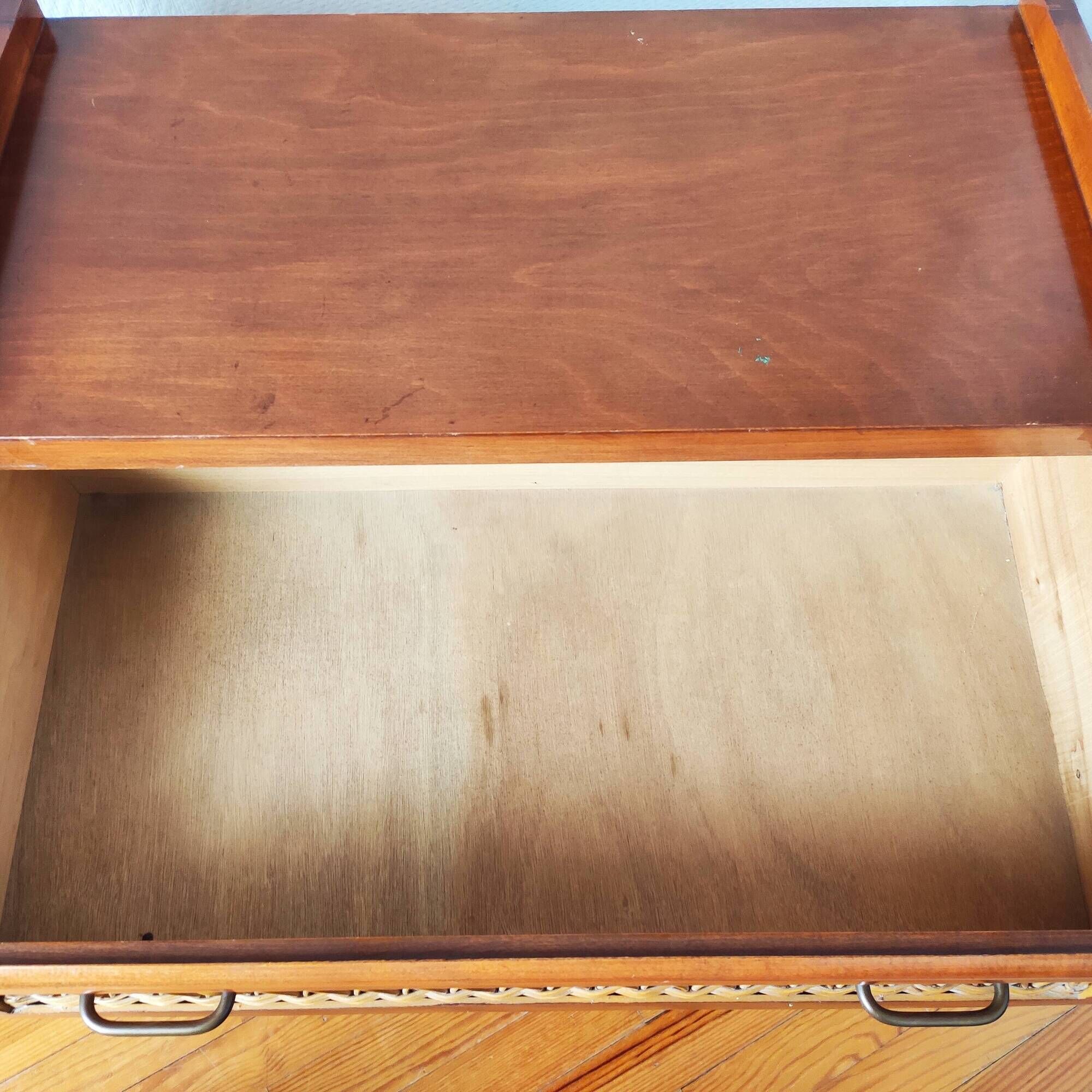 Vintage 1950 wood and rattan chest of drawers
