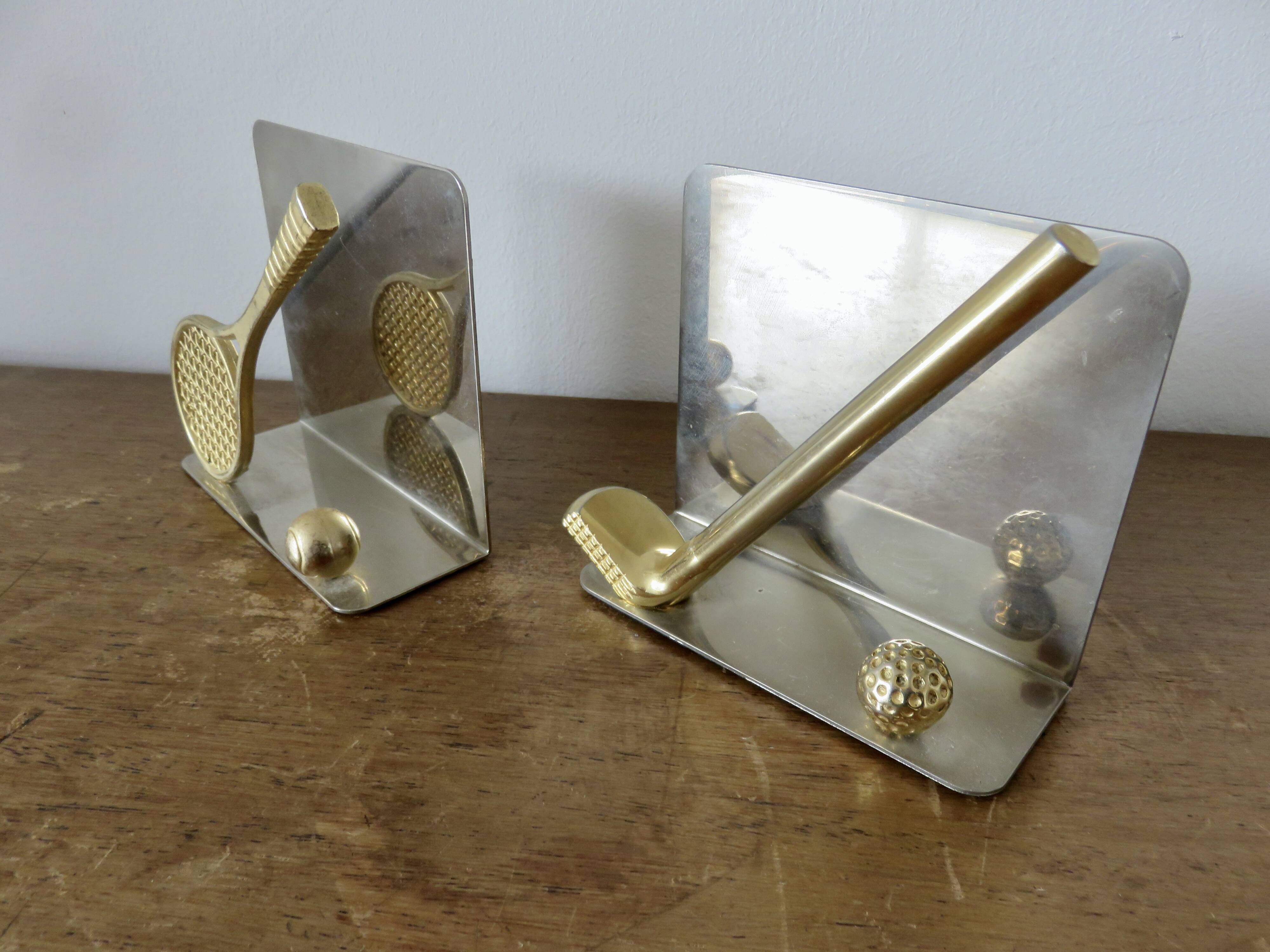 Serre livres en métal chromé et laiton "tennis & golf" années 70