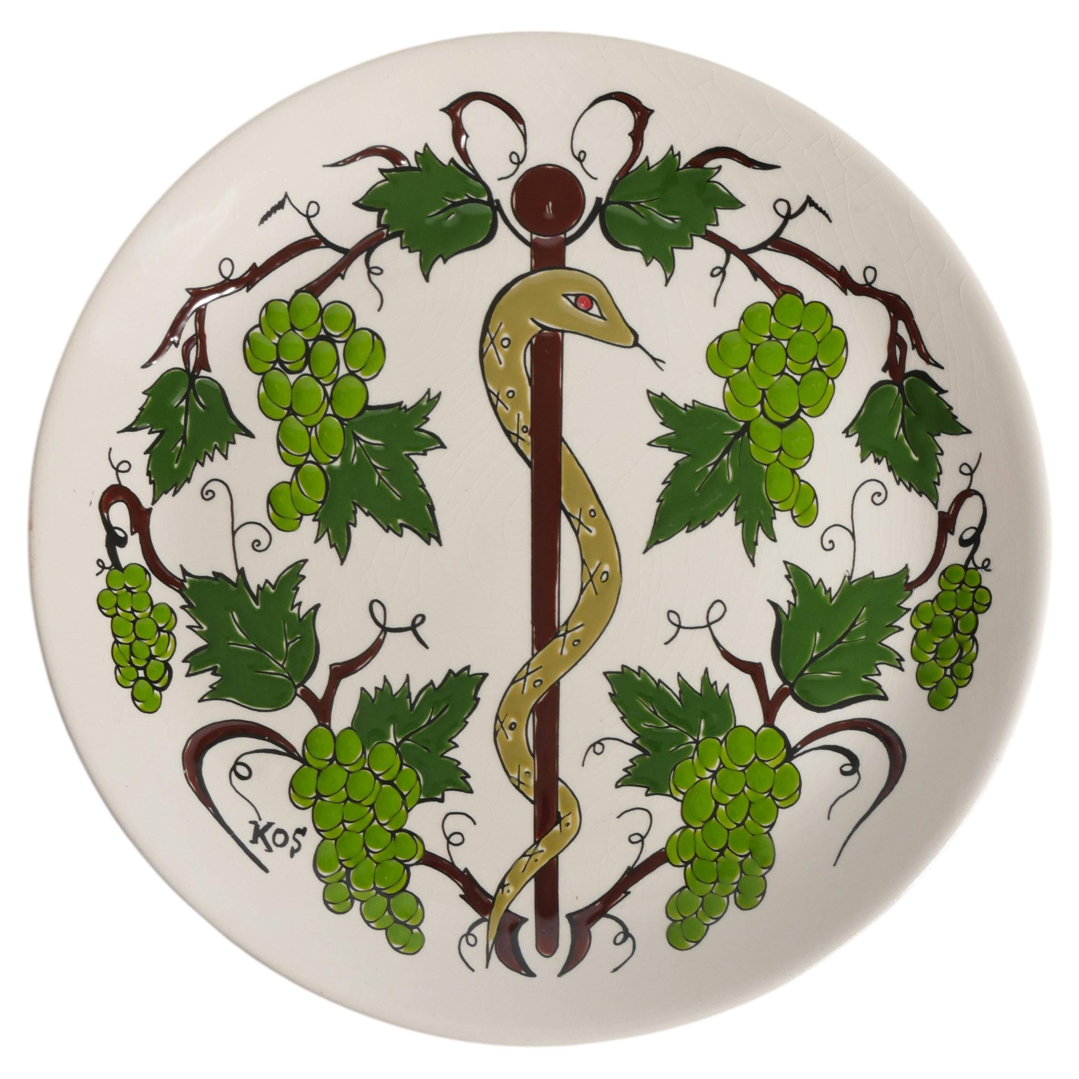Hand-Painted Greek Ceramic Wall Plate, Grapevine & Rod of Asclepius Motif