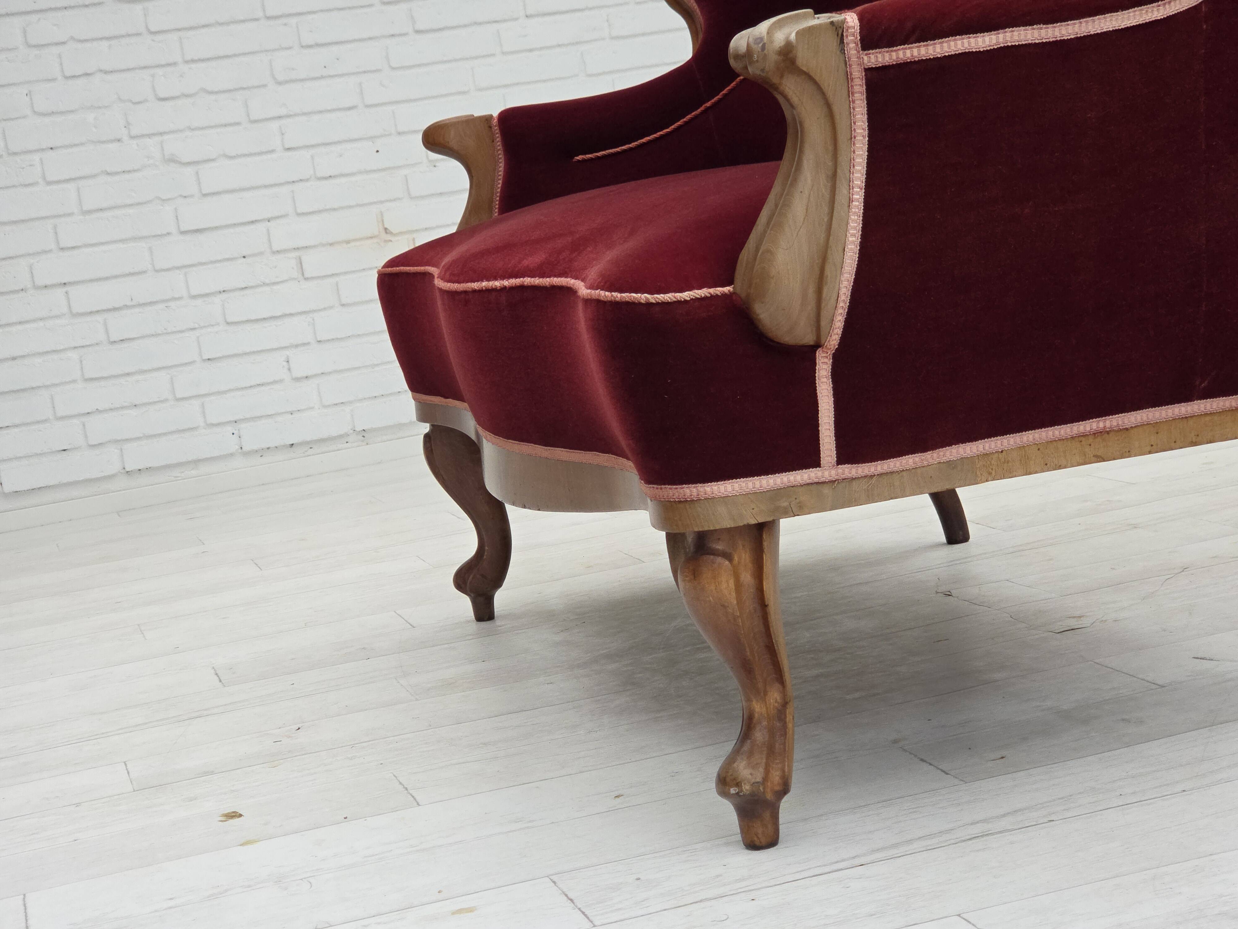 1930s, Danish 2-seater sofa, furniture velour, ash wood, reupholstered.