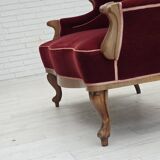 Canapé danois 2 places des années 1930, velours d'ameublement, bois de frêne, retapissé.