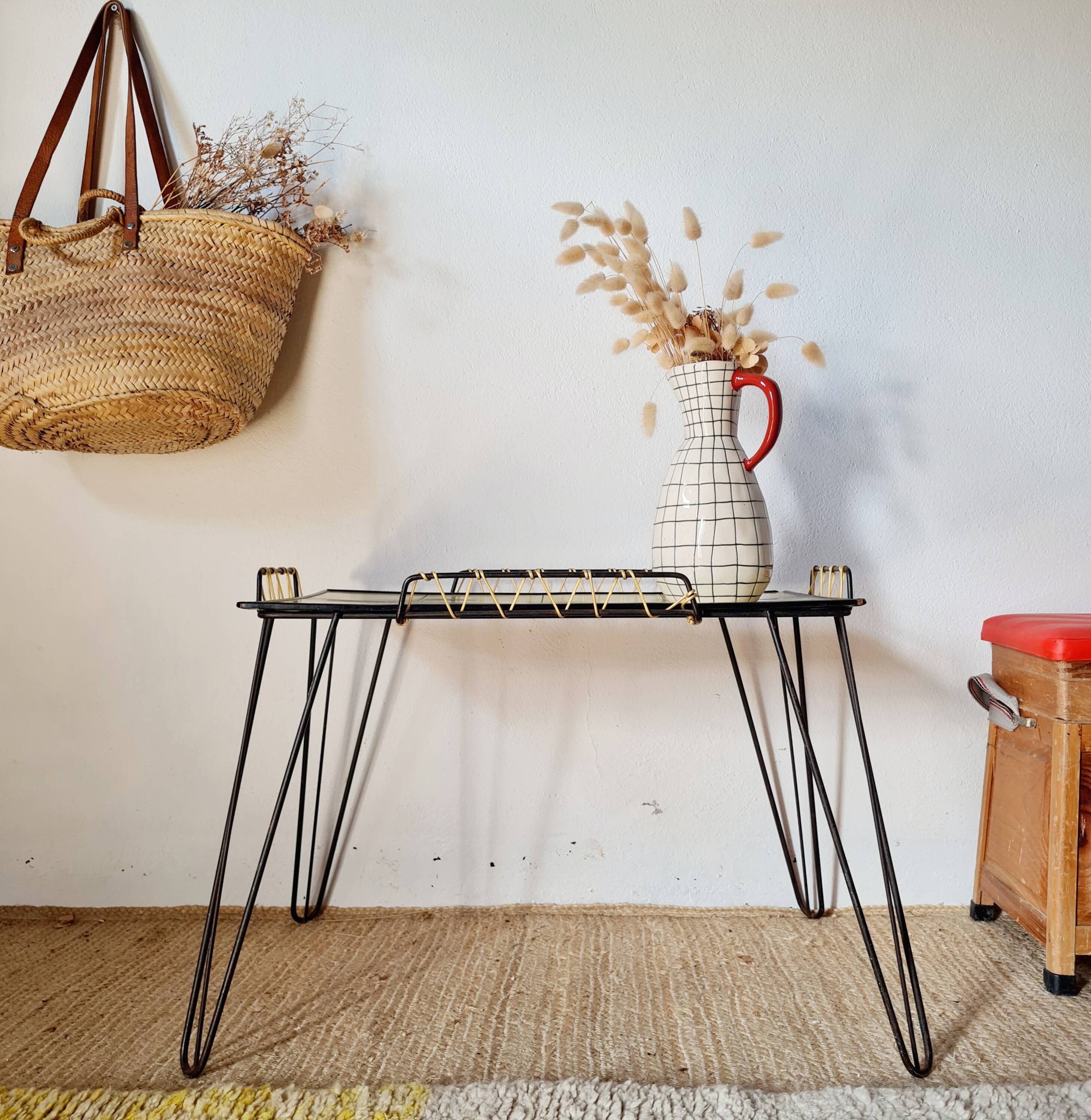 Black metal side table with scoubidou, 1950s
