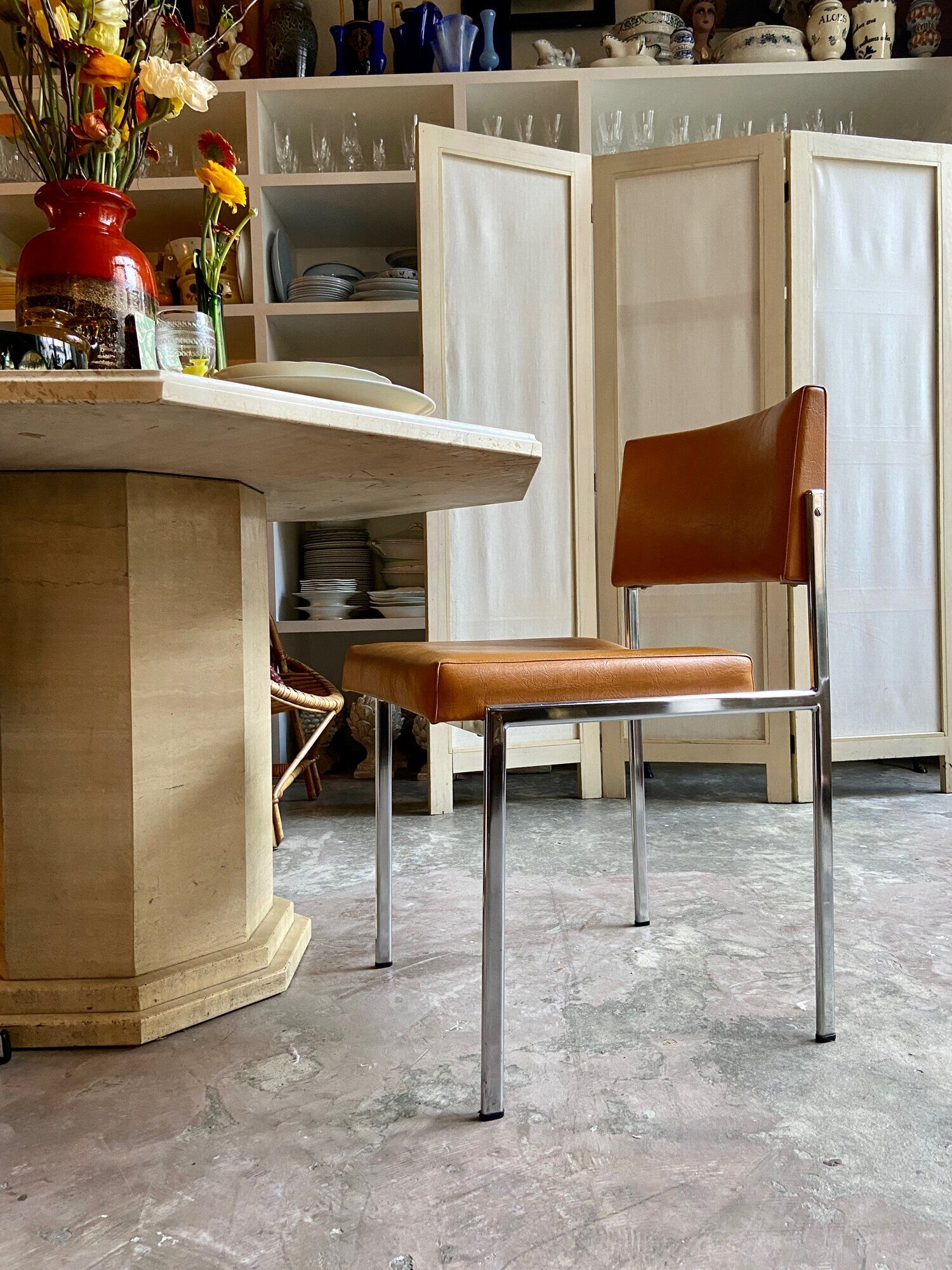 Chair in chromed metal and ochre skaï 1970s