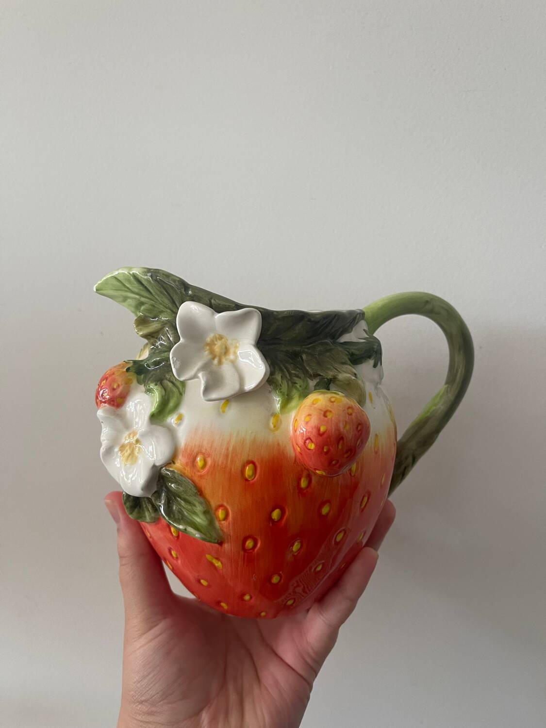 Strawberry shaped pitcher with vintage flowers ceramic pitcher in shape