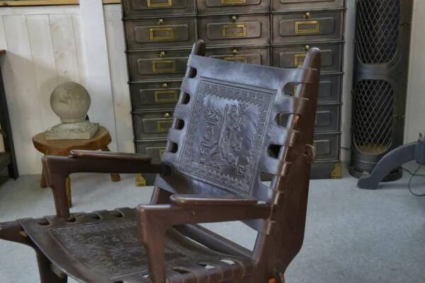 Armchair with ottoman by Angel Pazmino in wood and brown leather 1960's