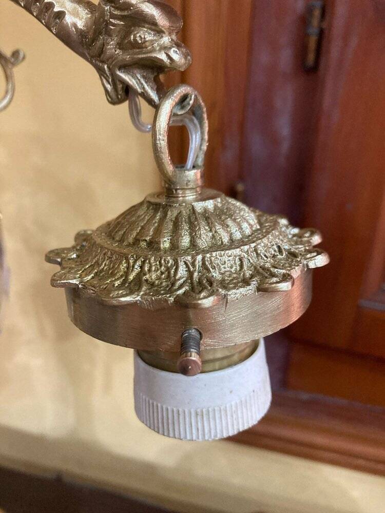 Bronze table lamp with dragon arm and cut glass shade, 1940s