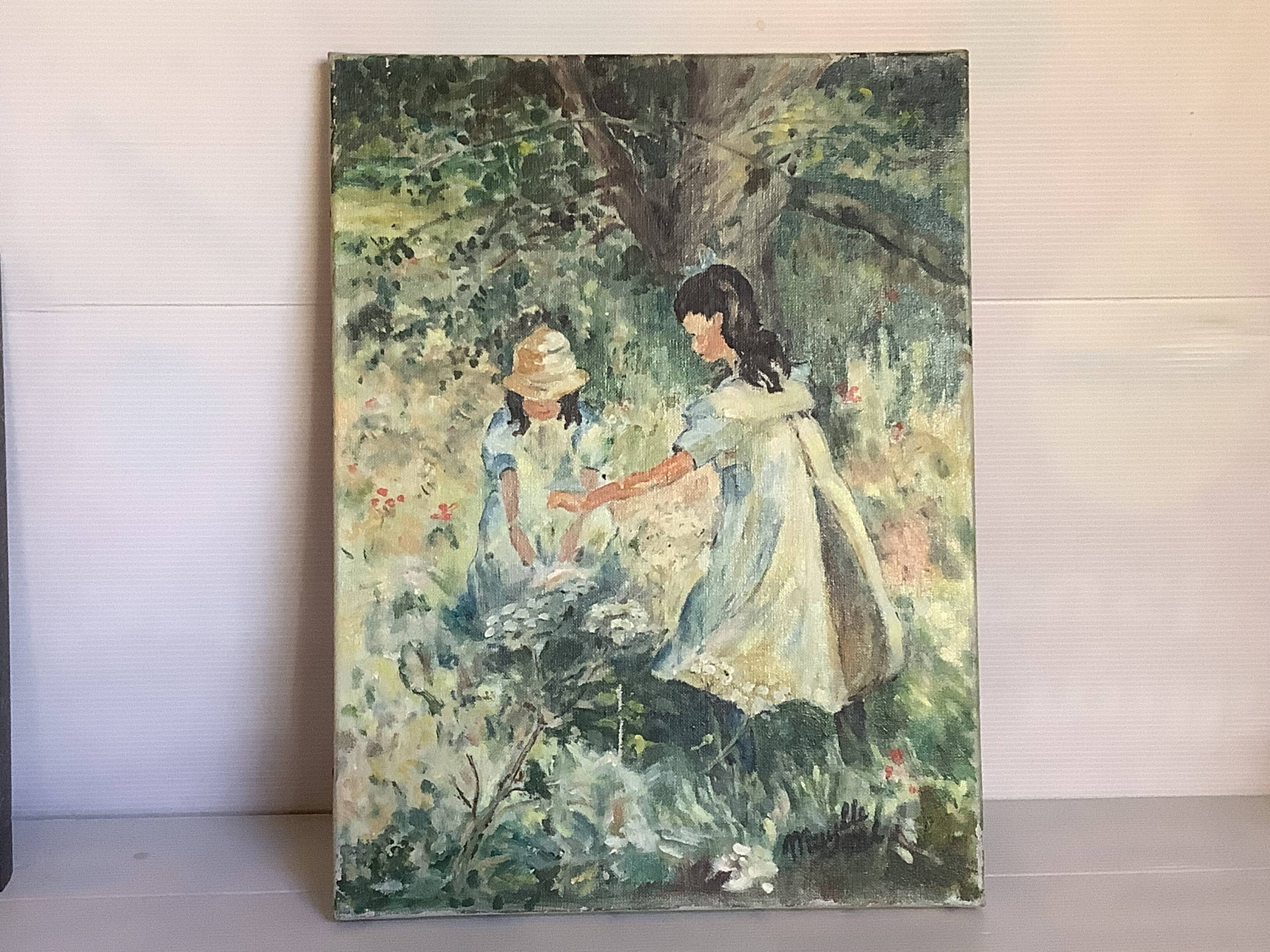Painting of young girls in the garden, oil on canvas, signed