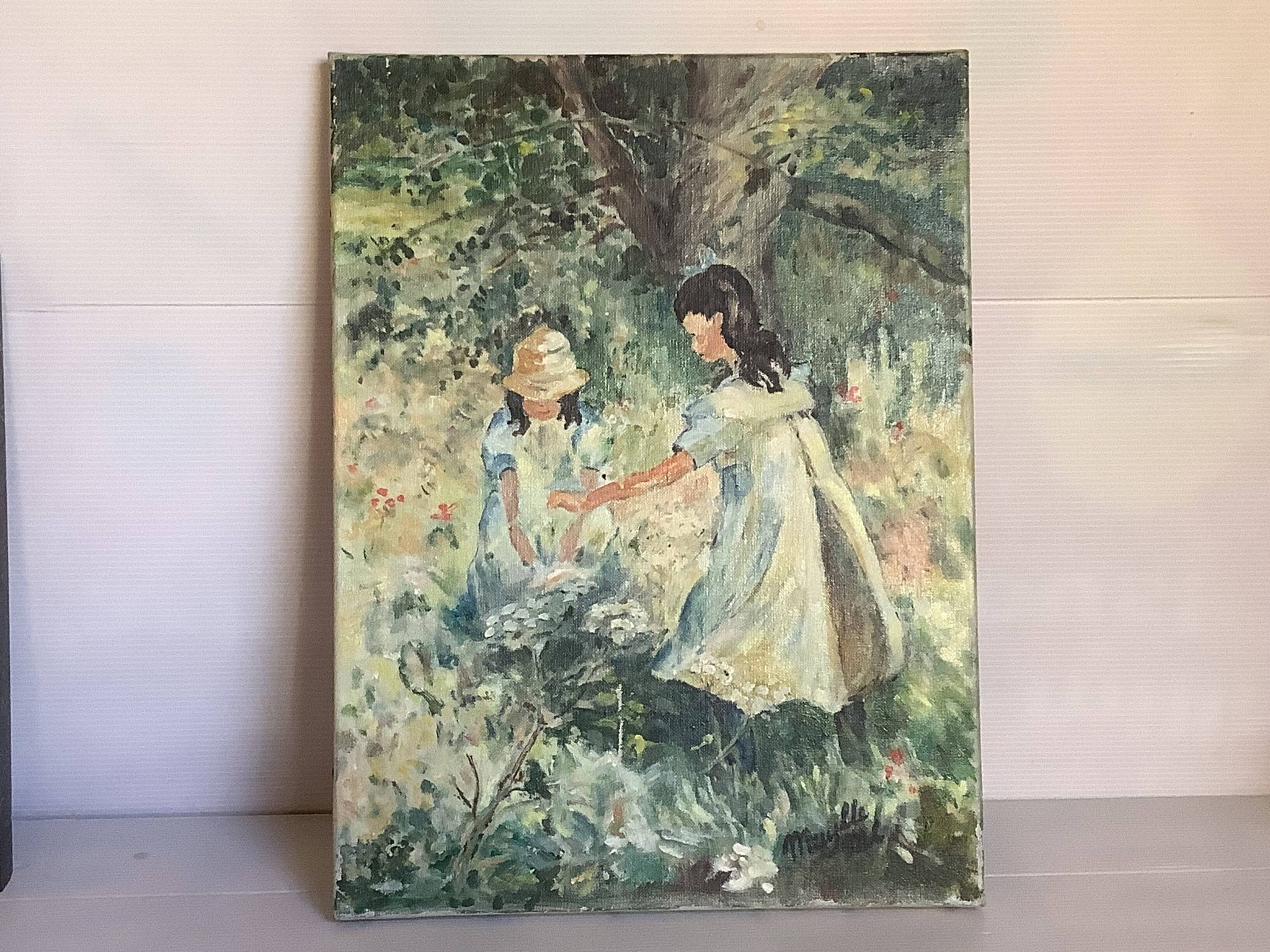 Painting of young girls in the garden, oil on canvas, signed