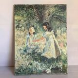 Painting of young girls in the garden, oil on canvas, signed